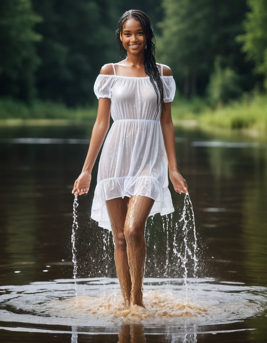 photo of young woman, in soaking wet, drenched clothes,
white wedge sneakers, soaked, soaked white thigh high stockings, glistening wet, dripping with water, soaked clingy very tight-fitting short transparent white summer dress, glistening wet, dripping with water, showing cleavage, showing nipples, clear lake in the sun, 
enjoying, wet clothes stuck to body,
detailed textures of the wet clothes, wet face, wet plastered hair,
wet, drenched, professional, high-quality details, full body view.
sharp focus, ultra-high pixel detail, realistic, high-quality, full colors, incredibly detailed, 4k, 8k, 16k, hyper-realistic, RAW photo, masterpiece, ultra-detailed, professionally color graded, professional photograph, very slim, flat belly, petite ebony teen, skin the color of milk chocolate, very long black hair, sultry black eyes, smiling timidly, full figure