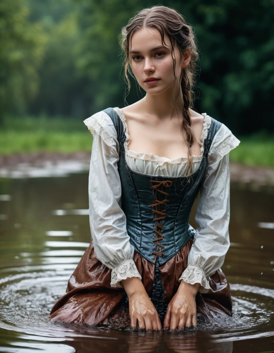 photo of young woman, in soaking wet, drenched clothes,
victorian dress, pond, 
enjoying, wet clothes stuck to body,
detailed textures of the wet clothes, wet face, wet plastered hair,
wet, drenched, professional, high-quality details, full body view.
sharp focus, ultra-high pixel detail, realistic, high-quality, full colors, incredibly detailed, 4k, 8k, 16k, hyper-realistic, RAW photo, masterpiece, ultra-detailed, professionally color graded, professional photograph, clothes are torn, ripped, ruined