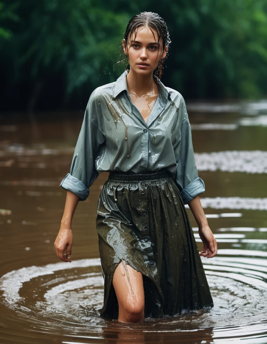 photo of young woman, in soaking wet, drenched clothes,
long skirt, oversized shirt buttoned up, swamp, 
enjoying, wet clothes stuck to body,
detailed textures of the wet clothes, wet face, wet plastered hair,
wet, drenched, professional, high-quality details, full body view.
sharp focus, ultra-high pixel detail, realistic, high-quality, full colors, incredibly detailed, 4k, 8k, 16k, hyper-realistic, RAW photo, masterpiece, ultra-detailed, professionally color graded, professional photograph, clothes are torn, ripped, ruined, office