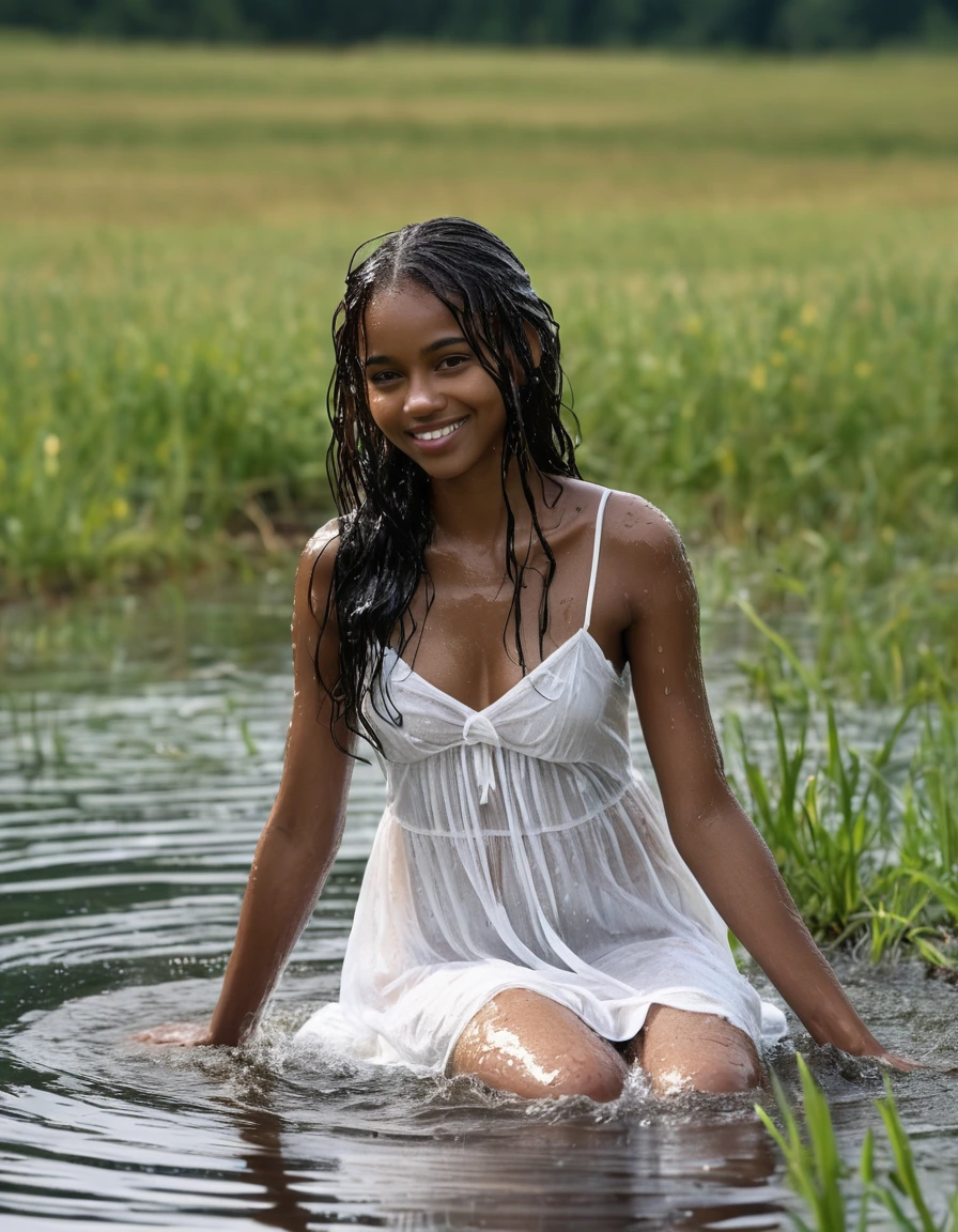 photo of young woman, in soaking wet, drenched clothes,
white wedge sandals, soaked, soaked white stockings, glistening wet, dripping with water, soaked clingy very tight-fitting short transparent white summer dress, glistening wet, dripping with water, showing cleavage, showing nipples, clear lake in the sun, 
enjoying, wet clothes stuck to body,
detailed textures of the wet clothes, wet face, wet plastered hair,
wet, drenched, professional, high-quality details, full body view.
sharp focus, ultra-high pixel detail, realistic, high-quality, full colors, incredibly detailed, 4k, 8k, 16k, hyper-realistic, RAW photo, masterpiece, ultra-detailed, professionally color graded, professional photograph, very slim, flat belly, petite ebony teen, skin the color of milk chocolate, firm a-cup breasts,  very long black hair, sultry black eyes, smiling timidly, kneeling on the grass, lifting up the dress, full figure