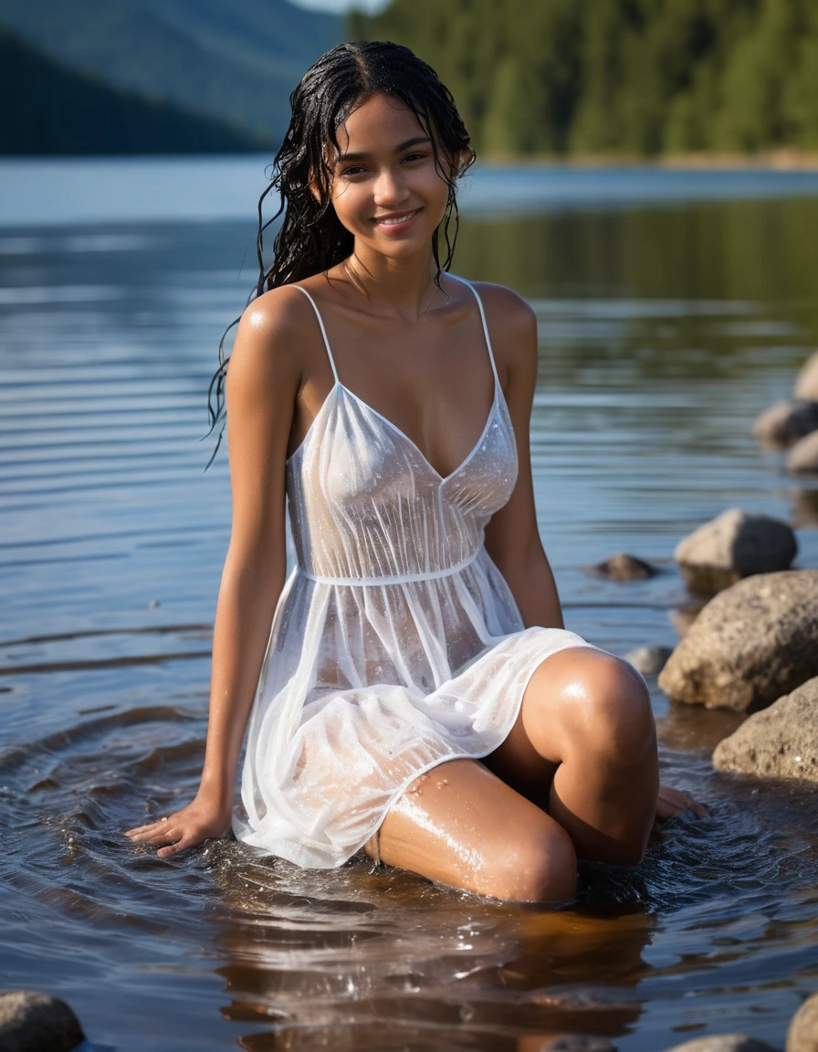 photo of young woman, in soaking wet, drenched clothes,
white strappy high heel wedge sandals, soaked, soaked white stockings, glistening wet, dripping with water, soaked clingy very tight-fitting short transparent white summer dress, glistening wet, dripping with water, showing cleavage, showing nipples, clear lake in the sun, 
enjoying, wet clothes stuck to body,
detailed textures of the wet clothes, wet face, wet plastered hair,
wet, drenched, professional, high-quality details, full body view.
sharp focus, ultra-high pixel detail, realistic, high-quality, full colors, incredibly detailed, 4k, 8k, 16k, hyper-realistic, RAW photo, masterpiece, ultra-detailed, professionally color graded, professional photograph, very slim, flat belly, petite ebony teen, skin the color of milk chocolate, firm a-cup breasts with hard nipples,  very long black hair, sultry black eyes, smiling timidly, sitting on a large granite rock, smoothing the dress
