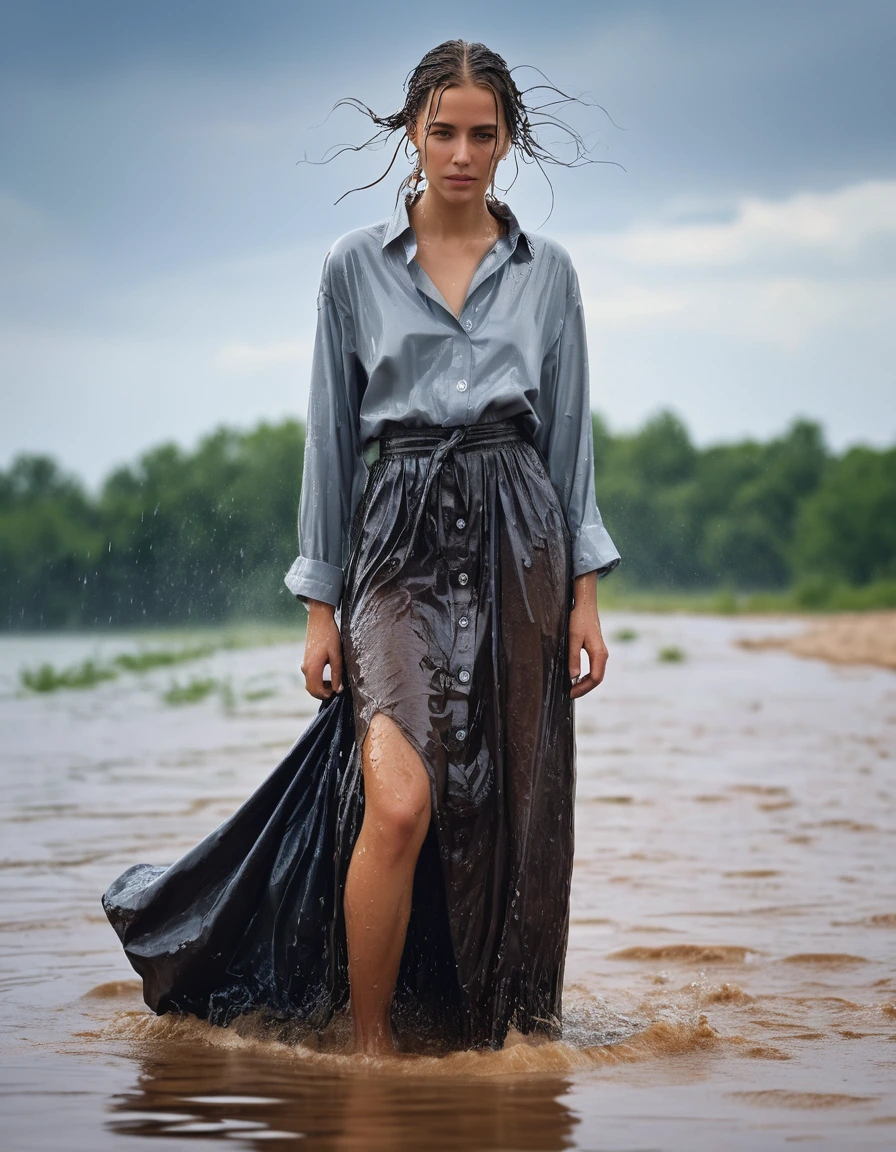 photo of young woman, in soaking wet, drenched clothes,
long skirt, oversized shirt buttoned up, Balaton, 
enjoying, wet clothes stuck to body,
detailed textures of the wet clothes, wet face, wet plastered hair,
wet, drenched, professional, high-quality details, full body view.
sharp focus, ultra-high pixel detail, realistic, high-quality, full colors, incredibly detailed, 4k, 8k, 16k, hyper-realistic, RAW photo, masterpiece, ultra-detailed, professionally color graded, professional photograph