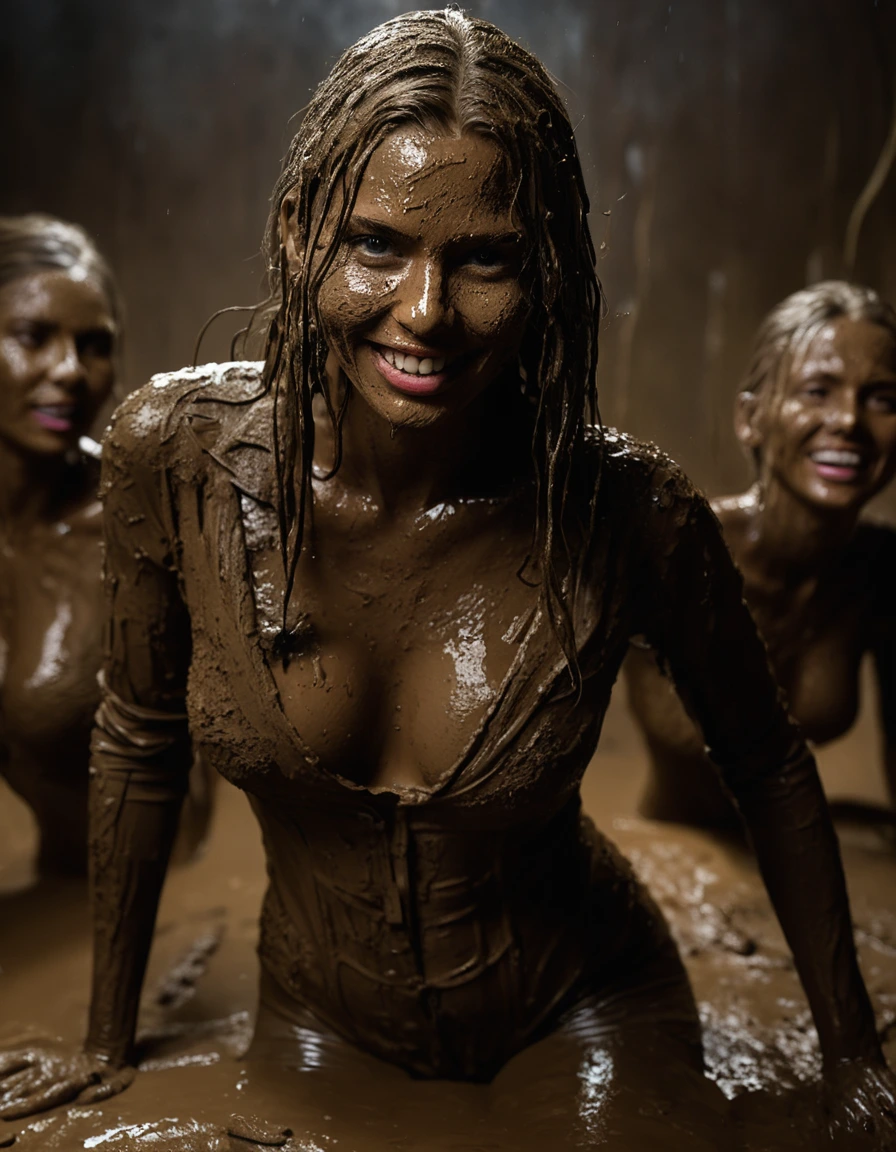 photo of young woman, in soaking wet, drenched clothes,
Muddy high heels, Long very muddy suit pants, Full muddy ruined fully-opened blazer like a fancy uniform over topless with super sexy cleavage and fully exposed small boobs with perky nipples., Dark muddy indoor disco club at night. Mud-filled deep hot tub in the club. Deep mud in the pool, mud splashed walls, dripping mud from above, very dark mood lighting with pink and blue neon lights from above. , 
enjoying, wet clothes stuck to body,
detailed textures of the wet clothes, wet face, wet plastered hair,
wet, drenched, professional, high-quality details, full body view.
sharp focus, ultra-high pixel detail, realistic, high-quality, full colors, incredibly detailed, 4k, 8k, 16k, hyper-realistic, RAW photo, masterpiece, ultra-detailed, professionally color graded, professional photograph, Three very young-looking childish cute innocent blonde 15 years old beautiful gleaming lesbian schoolgirls are laying on their backs and relaxing sexually exhausted in the deep muddy hot tub after muddy orgasm during the crazy muddy indoor party at night on a professional photo. They are proudly wearing their fully and heavily mud-covered unbuttoned and opened suits which fully exposing their small sexy muddy boobs with their muddy nipples. Focus on the large cleavages of the blazers and on the exposed boobs with nipples. Every small details of the clothes are muddy, clean beautiful faces, muddy chests and boobs. Their blazer has the same colour as their muddy pants. The classy elegant disco club is totally destroyed by mud, mud spots everywhere, mud flows down on the walls, mud on the furnitures in the background. Straight very long open wavy hairstyle, muddy hair, smiling and satisfied beautiful clean faces, blue eyes, earrings, lipstick. The girls are enjoying to being total muddy in the muddy pool, being sexy, naughty while they are enjoying the muddy fetish party. Realistic muddy boobs and photorealistic detailed smiling facial expressions. Intimate close-up picture about the girls. Close-up photo from front view, highly realistic representation, ultra sharp focus, highly photorealistic detailed textures, highly photorealistic detailed facial features and expressions, highly photorealistic hands, highly emotional reactions, highly best quality, highly sharp photorealistic image, highly photorealistic details, full UHD resolution, 32 K, very high level of detail and image sharpness, zoomed in