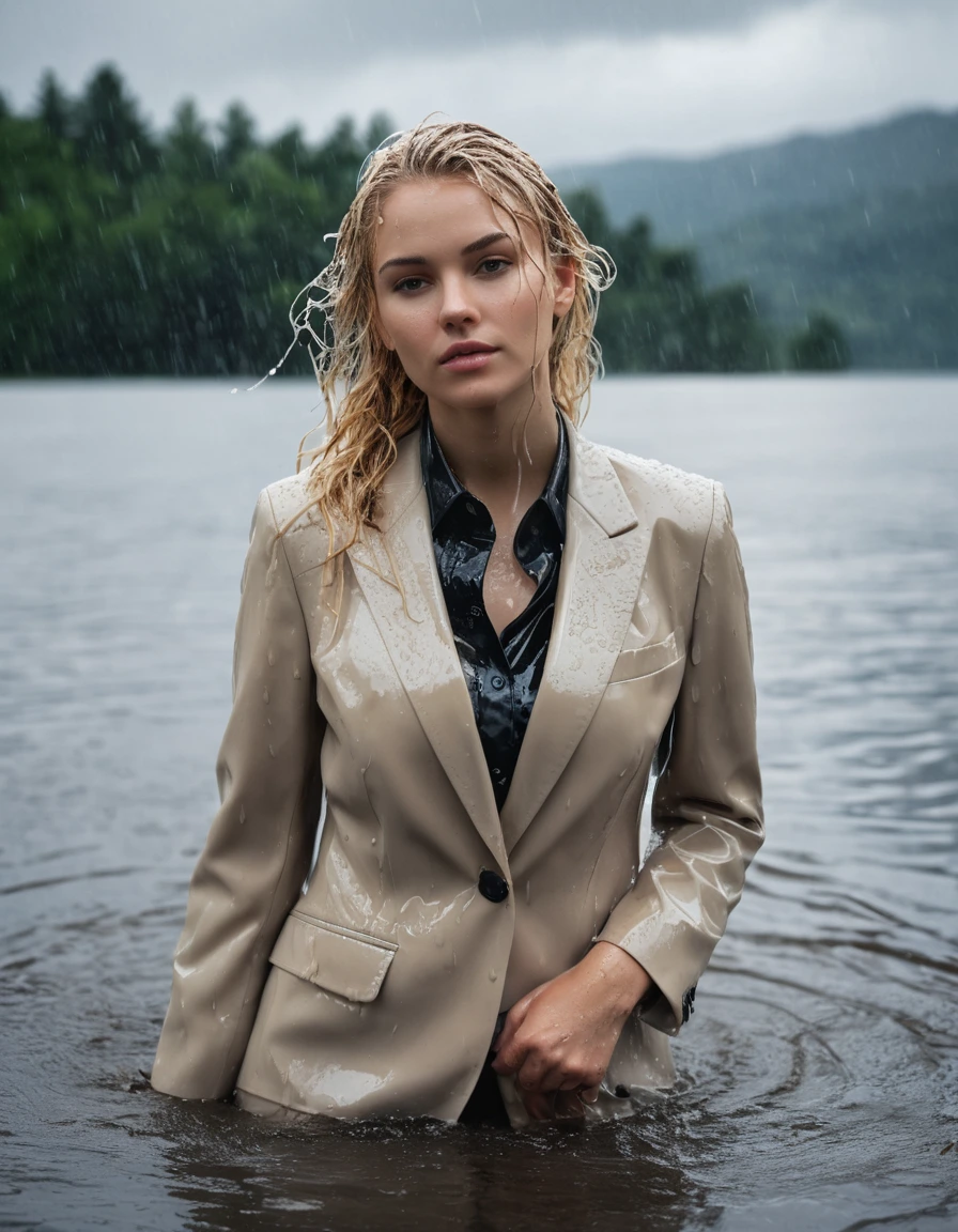 photo of young woman, in soaking wet, drenched clothes,
Beige Business Trouser, Beige Business Suit Jacket with black button down business shirt longsleeve, Clear Mountain lake with heavy rain, 
enjoying, wet clothes stuck to body,
detailed textures of the wet clothes, wet face, wet plastered hair,
wet, drenched, professional, high-quality details, full body view.
sharp focus, ultra-high pixel detail, realistic, high-quality, full colors, incredibly detailed, 4k, 8k, 16k, hyper-realistic, RAW photo, masterpiece, ultra-detailed, professionally color graded, professional photograph, young elegant beautiful white Blonde women, breast deep submerged, under a big rainshower, fully clothed, completely soaked, fully drenched, completely wet, wetlook, heavy rain, side parting, open hair, long hair, rain storm, looks confidently into camera