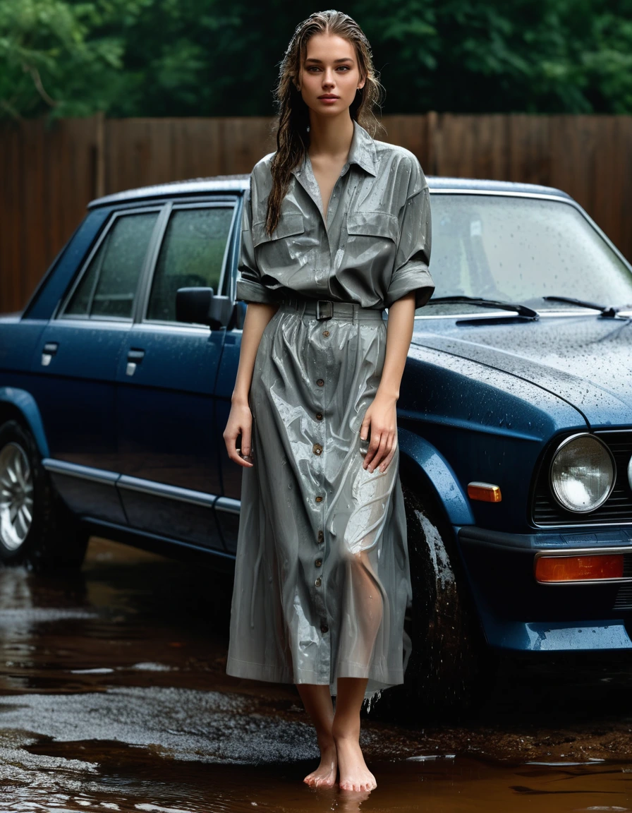 photo of young woman, in soaking wet, drenched clothes,
long skirt, oversized shirt buttoned up, car workshop, 
enjoying, wet clothes stuck to body,
detailed textures of the wet clothes, wet face, wet plastered hair,
wet, drenched, professional, high-quality details, full body view.
sharp focus, ultra-high pixel detail, realistic, high-quality, full colors, incredibly detailed, 4k, 8k, 16k, hyper-realistic, RAW photo, masterpiece, ultra-detailed, professionally color graded, professional photograph, oil on clothes