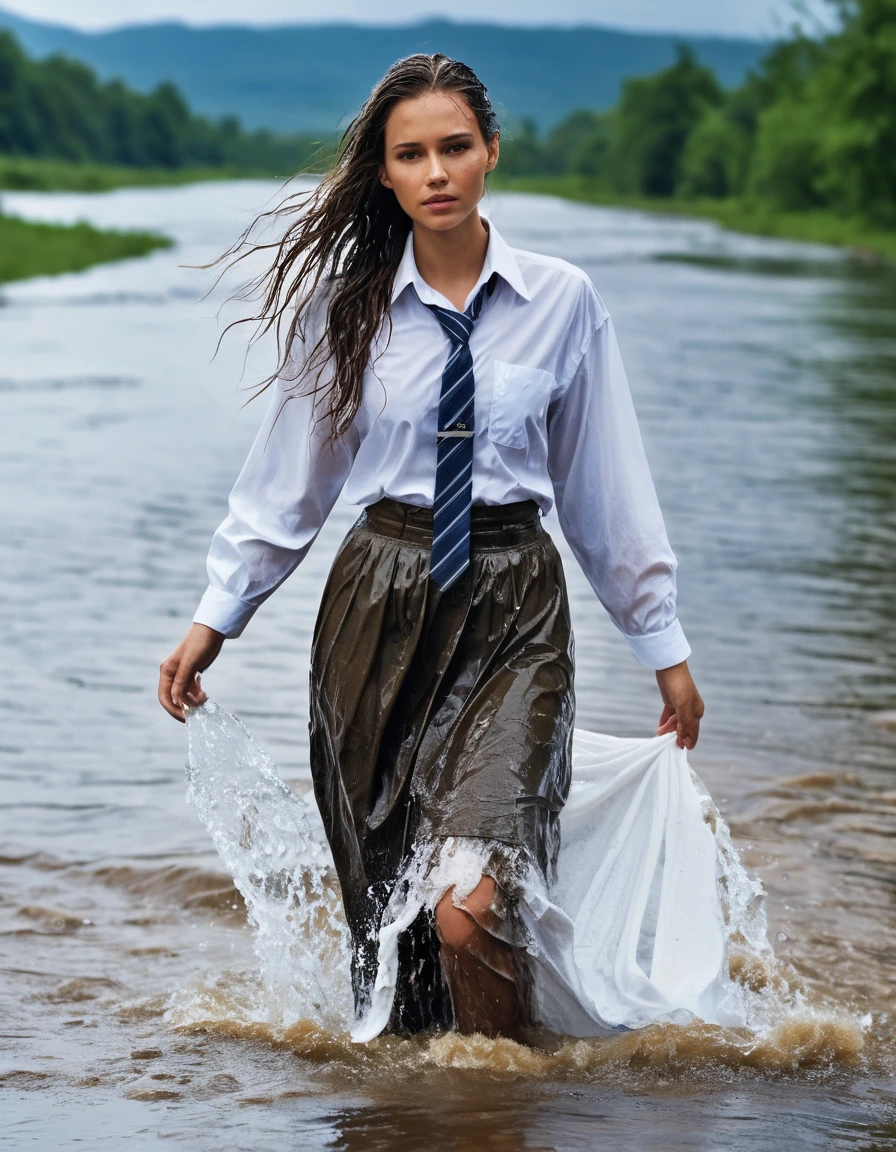 photo of young woman, in soaking wet, drenched clothes,
maxi skirt, white oversized shirt, tie, river, 
enjoying, wet clothes stuck to body,
detailed textures of the wet clothes, wet face, wet plastered hair,
wet, drenched, professional, high-quality details, full body view.
sharp focus, ultra-high pixel detail, realistic, high-quality, full colors, incredibly detailed, 4k, 8k, 16k, hyper-realistic, RAW photo, masterpiece, ultra-detailed, professionally color graded, professional photograph, raining
