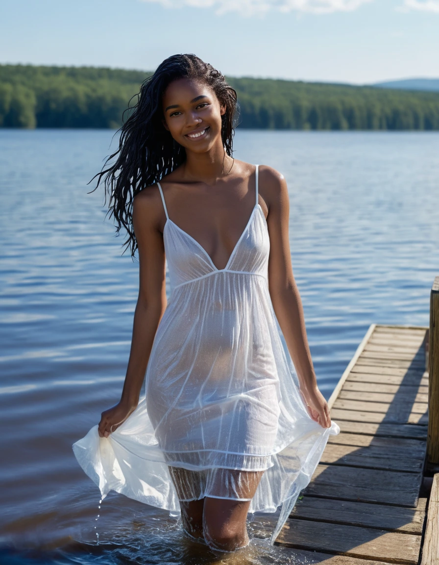 photo of young woman, in soaking wet, drenched clothes,
white strappy high heel wedge sandals, soaked, soaked white stockings, glistening wet, dripping with water, soaked clingy very tight-fitting short transparent white summer dress, glistening wet, dripping with water, showing cleavage, showing nipples, clear lake in the sun, 
enjoying, wet clothes stuck to body,
detailed textures of the wet clothes, wet face, wet plastered hair,
wet, drenched, professional, high-quality details, full body view.
sharp focus, ultra-high pixel detail, realistic, high-quality, full colors, incredibly detailed, 4k, 8k, 16k, hyper-realistic, RAW photo, masterpiece, ultra-detailed, professionally color graded, professional photograph, very slim, flat belly, petite ebony teen, skin the color of milk chocolate, firm a-cup breasts,  very long black hair, sultry black eyes, smiling timidly, standing on a small wooden pier, smoothing the dress