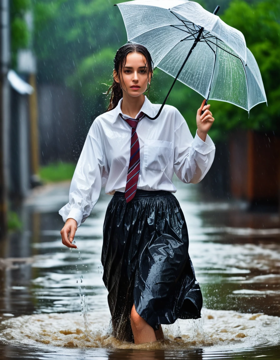 photo of young woman, in soaking wet, drenched clothes,
maxi skirt, white long-sleeved oversized shirt, tie, sewer, 
enjoying, wet clothes stuck to body,
detailed textures of the wet clothes, wet face, wet plastered hair,
wet, drenched, professional, high-quality details, full body view.
sharp focus, ultra-high pixel detail, realistic, high-quality, full colors, incredibly detailed, 4k, 8k, 16k, hyper-realistic, RAW photo, masterpiece, ultra-detailed, professionally color graded, professional photograph, heavy rain, umbrella