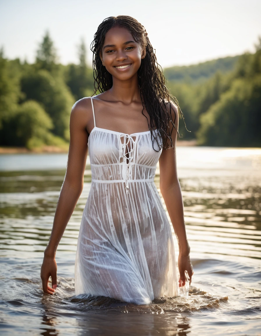 photo of young woman, in soaking wet, drenched clothes,
white wedge sandals, soaked, soaked white stockings, glistening wet, dripping with water, soaked clingy very tight-fitting short transparent white summer dress, glistening wet, dripping with water, showing cleavage, showing nipples, clear lake in the sun, 
enjoying, wet clothes stuck to body,
detailed textures of the wet clothes, wet face, wet plastered hair,
wet, drenched, professional, high-quality details, full body view.
sharp focus, ultra-high pixel detail, realistic, high-quality, full colors, incredibly detailed, 4k, 8k, 16k, hyper-realistic, RAW photo, masterpiece, ultra-detailed, professionally color graded, professional photograph, very slim, flat belly, petite ebony teen, skin the color of milk chocolate, very long black hair, sultry black eyes, smiling timidly, walking towards the shore, full figure