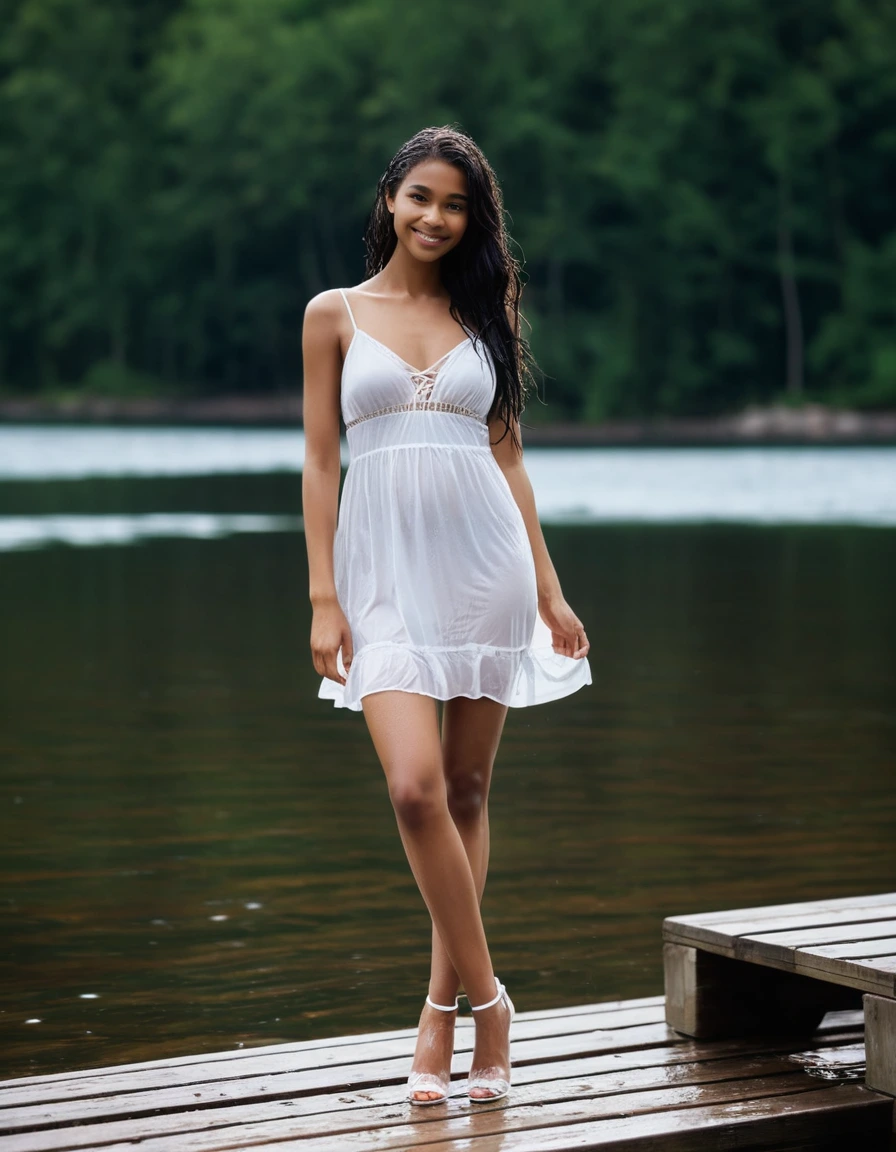 photo of young woman, in soaking wet, drenched clothes,
white strappy high heel wedge sandals, soaked, soaked white stockings, glistening wet, dripping with water, soaked clingy very tight-fitting short transparent white summer dress, glistening wet, dripping with water, showing cleavage, showing nipples, clear lake in the sun, 
enjoying, wet clothes stuck to body,
detailed textures of the wet clothes, wet face, wet plastered hair,
wet, drenched, professional, high-quality details, full body view.
sharp focus, ultra-high pixel detail, realistic, high-quality, full colors, incredibly detailed, 4k, 8k, 16k, hyper-realistic, RAW photo, masterpiece, ultra-detailed, professionally color graded, professional photograph, very slim, flat belly, petite ebony teen, skin the color of milk chocolate, firm a-cup breasts,  very long black hair, sultry black eyes, smiling timidly, standing on a small wooden pier, smoothing the dress