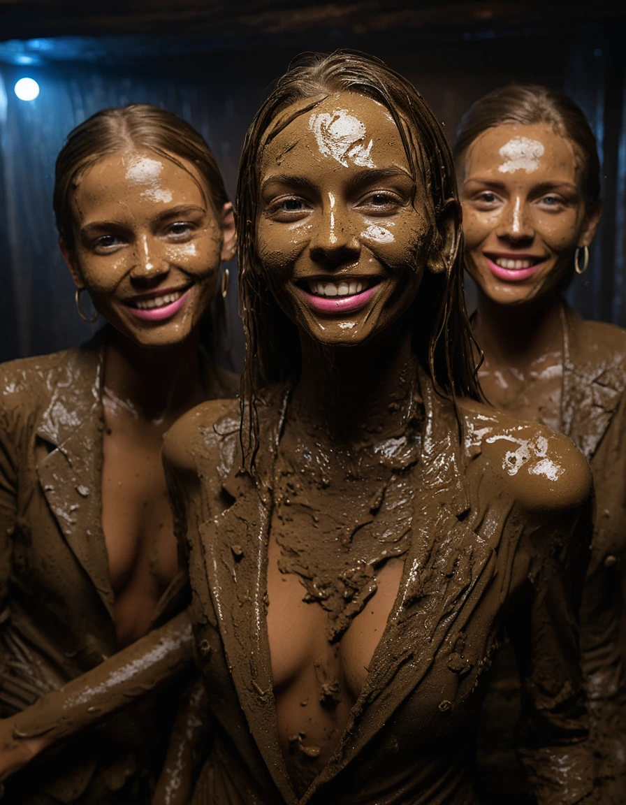 photo of young woman, in soaking wet, drenched clothes,
Muddy high heels, Long very muddy suit pants, Full muddy ruined fully-opened blazer like a fancy uniform over topless with super sexy cleavage and fully exposed small boobs with perky nipples., Dark muddy indoor disco club at night. Deep mud in the pool, mud splashed walls, dripping mud from above, very dark mood lighting with pink and blue neon lights from above. , 
enjoying, wet clothes stuck to body,
detailed textures of the wet clothes, wet face, wet plastered hair,
wet, drenched, professional, high-quality details, full body view.
sharp focus, ultra-high pixel detail, realistic, high-quality, full colors, incredibly detailed, 4k, 8k, 16k, hyper-realistic, RAW photo, masterpiece, ultra-detailed, professionally color graded, professional photograph, Three very young-looking childish cute innocent blonde 13 years old beautiful gleaming schoolgirls are sploshing each other deeply submerged in the very deep muddy pool after a full dip in it and holding a glass of champagne in their hands during the crazy muddy indoor disco party at night and posing for a professional photo. They are proudly wearing their fully and heavily mud-covered unbuttoned and opened suits which fully exposing their small sexy muddy boobs with their muddy nipples. Focus on the large cleavages of the blazers and on the exposed boobs with nipples. Every small details of the clothes are muddy, clean beautiful faces, muddy chests and boobs. Their blazer has the same colour as their muddy pants. The classy elegant disco club is totally destroyed by mud, mud spots everywhere, mud flows down on the walls, mud on the furnitures in the background. Straight very long open wavy hairstyle, muddy hair, smiling and satisfied beautiful clean faces, blue eyes, earrings, lipstick. The girls are enjoying to being total muddy in the muddy pool, being sexy, naughty while they are enjoying the muddy fetish party. Realistic muddy boobs and photorealistic detailed smiling facial expressions. Intimate close-up picture about the girls. Close-up photo from front view, highly realistic representation, ultra sharp focus, highly photorealistic detailed textures, highly photorealistic detailed facial features and expressions, highly photorealistic hands, highly emotional reactions, highly best quality, highly sharp photorealistic image, highly photorealistic details, full UHD resolution, 32 K, very high level of detail and image sharpness, zoomed in
