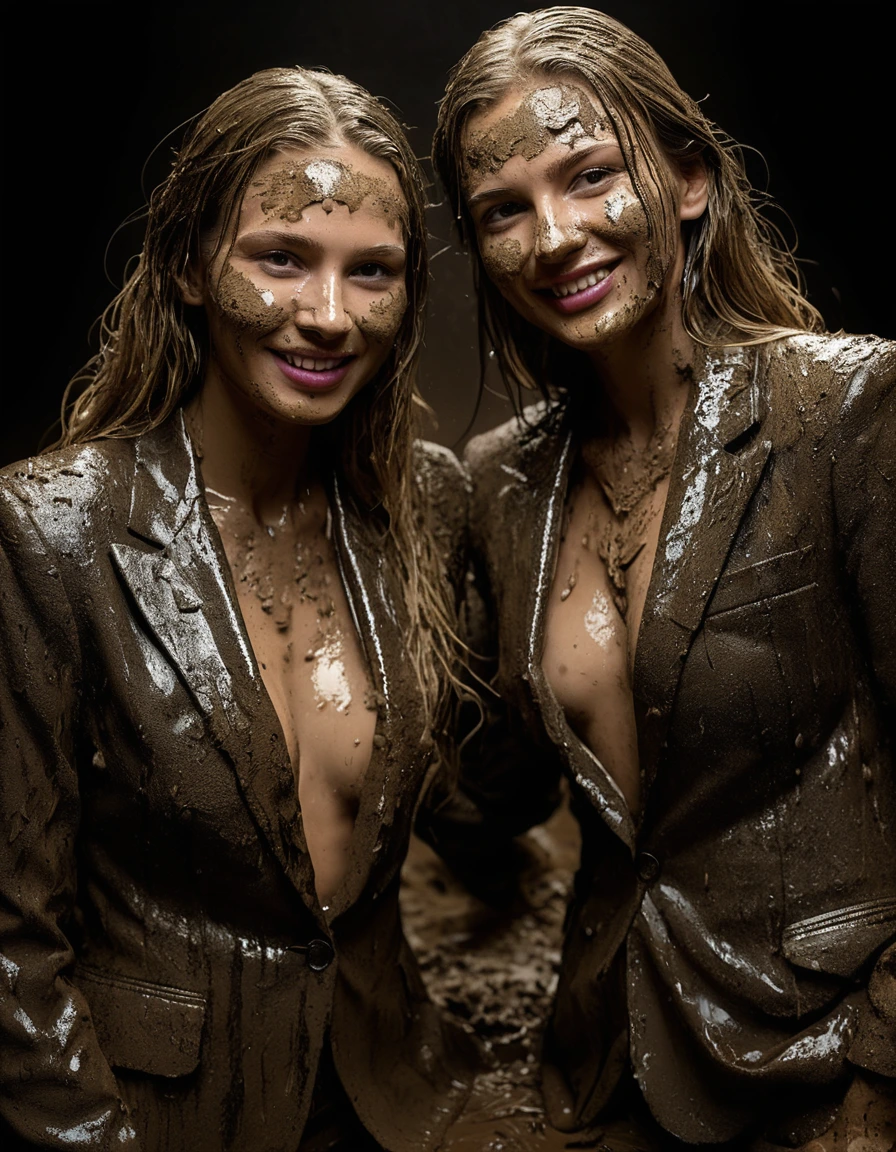 photo of young woman, in soaking wet, drenched clothes,
Muddy high heels, Long very muddy suit pants, Full muddy ruined fully-opened blazer like a fancy uniform over topless with super sexy cleavage and fully exposed small boobs with perky nipples., Dark muddy indoor disco club at night. Deep mud in the pool, mud splashed walls, dripping mud from above, very dark mood lighting with pink and blue neon lights from above. , 
enjoying, wet clothes stuck to body,
detailed textures of the wet clothes, wet face, wet plastered hair,
wet, drenched, professional, high-quality details, full body view.
sharp focus, ultra-high pixel detail, realistic, high-quality, full colors, incredibly detailed, 4k, 8k, 16k, hyper-realistic, RAW photo, masterpiece, ultra-detailed, professionally color graded, professional photograph, Three very young-looking childish cute innocent blonde 13 years old beautiful gleaming lesbian schoolgirls are sploshing each other deeply submerged in the very deep muddy pool after a full dip in it and holding a glass of champagne in their hands during the crazy muddy indoor disco party at night and posing erotically for a professional photo. They are proudly wearing their fully and heavily mud-covered unbuttoned and opened suits which fully exposing their small sexy muddy boobs with their muddy nipples. Focus on the large cleavages of the blazers and on the exposed boobs with nipples. Every small details of the clothes are muddy, clean beautiful faces, muddy chests and boobs. Their blazer has the same colour as their muddy pants. The classy elegant disco club is totally destroyed by mud, mud spots everywhere, mud flows down on the walls, mud on the furnitures in the background. Straight very long open wavy hairstyle, muddy hair, smiling and satisfied beautiful clean faces, blue eyes, earrings, lipstick. The girls are enjoying to being total muddy in the muddy pool, being sexy, naughty while they are enjoying the muddy fetish party. Realistic muddy boobs and photorealistic detailed smiling facial expressions. Intimate close-up picture about the girls. Close-up photo from front view, highly realistic representation, ultra sharp focus, highly photorealistic detailed textures, highly photorealistic detailed facial features and expressions, highly photorealistic hands, highly emotional reactions, highly best quality, highly sharp photorealistic image, highly photorealistic details, full UHD resolution, 32 K, very high level of detail and image sharpness, zoomed in