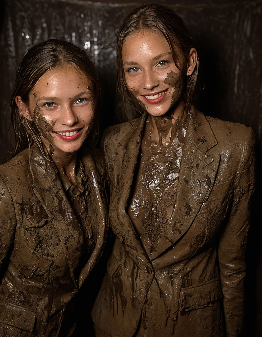photo of young woman, in soaking wet, drenched clothes,
Muddy high heels, Long very muddy suit pants, Full muddy ruined fully-opened blazer like a fancy uniform over topless with super sexy cleavage and fully exposed small boobs with perky nipples., Dark muddy indoor disco club at night. Deep mud in the pool, mud splashed walls, dripping mud from above, very dark mood lighting with pink and blue neon lights from above. , 
enjoying, wet clothes stuck to body,
detailed textures of the wet clothes, wet face, wet plastered hair,
wet, drenched, professional, high-quality details, full body view.
sharp focus, ultra-high pixel detail, realistic, high-quality, full colors, incredibly detailed, 4k, 8k, 16k, hyper-realistic, RAW photo, masterpiece, ultra-detailed, professionally color graded, professional photograph, Three very young-looking childish cute innocent blonde 13 years old beautiful gleaming lesbian schoolgirls are sploshing each other deeply submerged in the very deep muddy pool after a full dip in it and holding a glass of champagne in their hands during the crazy muddy indoor disco party at night and posing erotically for a professional photo. They are proudly wearing their fully and heavily mud-covered unbuttoned and opened suits which fully exposing their small sexy muddy boobs with their muddy nipples. Focus on the large cleavages of the blazers and on the exposed boobs with nipples. Every small details of the clothes are muddy, clean beautiful faces, muddy chests and boobs. Their blazer has the same colour as their muddy pants. The classy elegant disco club is totally destroyed by mud, mud spots everywhere, mud flows down on the walls, mud on the furnitures in the background. Straight very long open wavy hairstyle, muddy hair, smiling and satisfied beautiful clean faces, blue eyes, earrings, lipstick. The girls are enjoying to being total muddy in the muddy pool, being sexy, naughty while they are enjoying the muddy fetish party. Realistic muddy boobs and photorealistic detailed smiling facial expressions. Intimate close-up picture about the girls. Close-up photo from front view, highly realistic representation, ultra sharp focus, highly photorealistic detailed textures, highly photorealistic detailed facial features and expressions, highly photorealistic hands, highly emotional reactions, highly best quality, highly sharp photorealistic image, highly photorealistic details, full UHD resolution, 32 K, very high level of detail and image sharpness, zoomed in