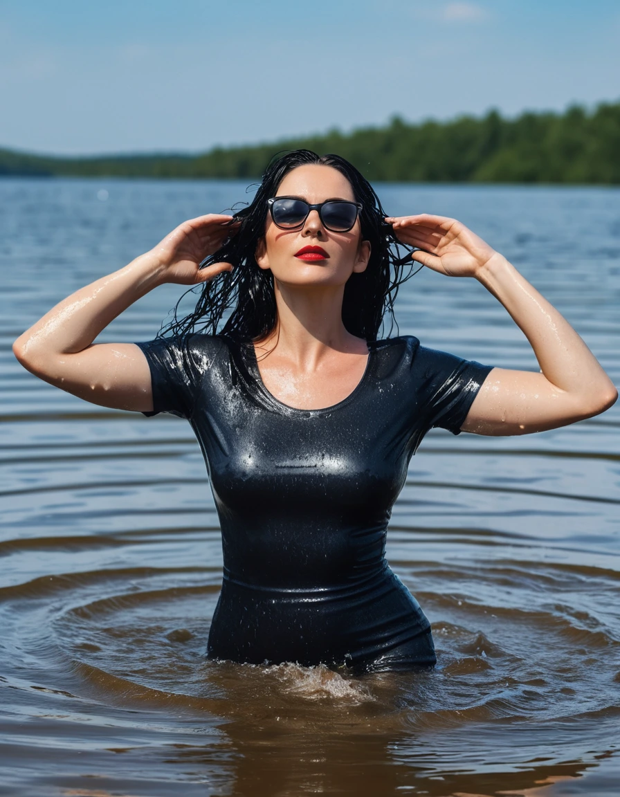 photo of young woman, in soaking wet, drenched clothes,
office shoes , long tight blue jeans, black t-shirt dress with short sleeves, walking submerged in sunny deep lake, 
enjoying, wet clothes stuck to body,
detailed textures of the wet clothes, wet face, wet plastered hair,
wet, drenched, professional, high-quality details, full body view.
sharp focus, ultra-high pixel detail, realistic, high-quality, full colors, incredibly detailed, 4k, 8k, 16k, hyper-realistic, RAW photo, masterpiece, ultra-detailed, professionally color graded, professional photograph, woman 51 years old, long black hair, very big and thick lips, office glasses, complete body, open mouth, hands in the air, dry skin, dry clothes, dry fabric