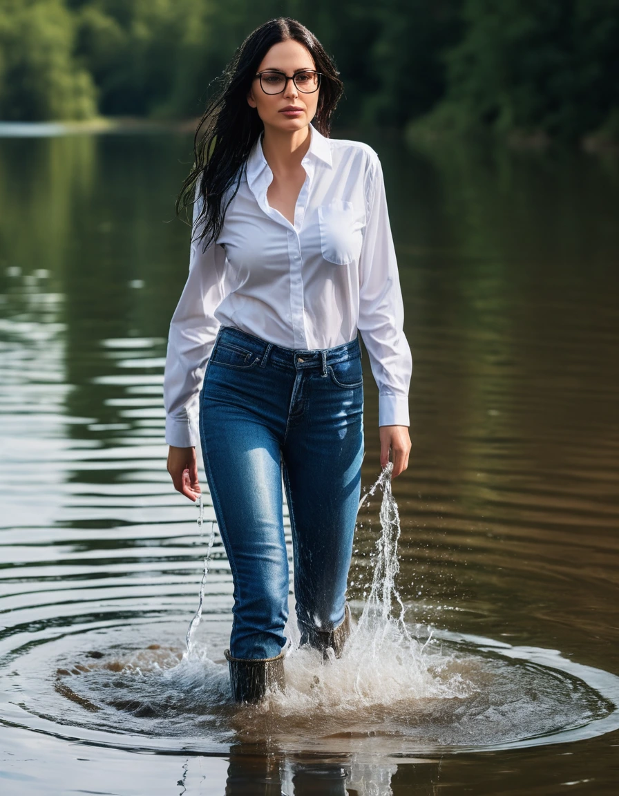 photo of young woman, in soaking wet, drenched clothes,
office shoes , wet long blue jeans shinning, wet white & blue jeans shirt with long sleeves shinning, walking submerged in sunny deep lake, 
enjoying, wet clothes stuck to body,
detailed textures of the wet clothes, wet face, wet plastered hair,
wet, drenched, professional, high-quality details, full body view.
sharp focus, ultra-high pixel detail, realistic, high-quality, full colors, incredibly detailed, 4k, 8k, 16k, hyper-realistic, RAW photo, masterpiece, ultra-detailed, professionally color graded, professional photograph, woman 51 years old, long black hair, very big and thick lips, office glasses, complete body, open mouth, dry skin, dry clothes, dry fabric