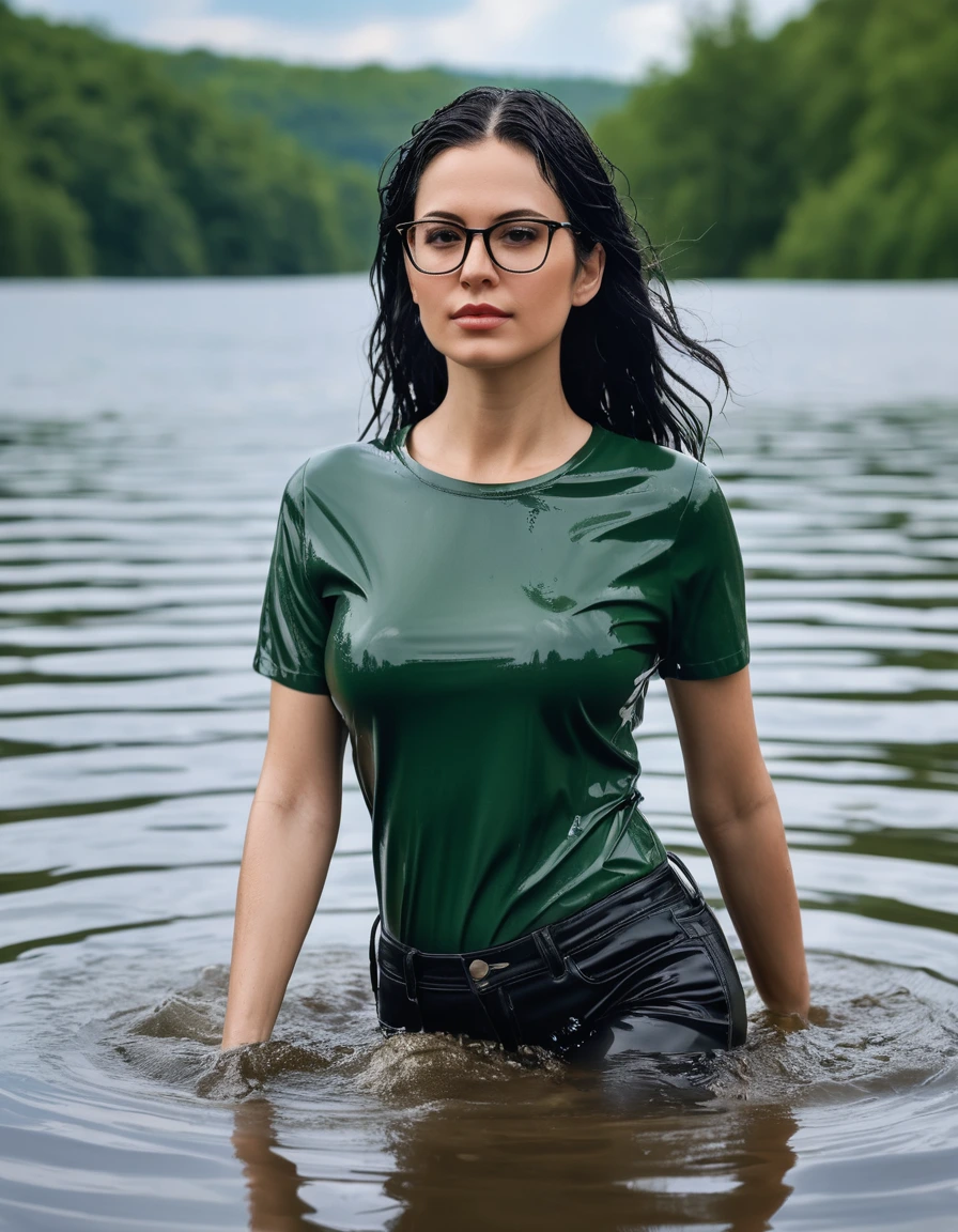 photo of young woman, in soaking wet, drenched clothes,
office shoes , long light black latex jeans, dark green top t-shirt with short sleeves, walking submerged in sunny deep lake, 
enjoying, wet clothes stuck to body,
detailed textures of the wet clothes, wet face, wet plastered hair,
wet, drenched, professional, high-quality details, full body view.
sharp focus, ultra-high pixel detail, realistic, high-quality, full colors, incredibly detailed, 4k, 8k, 16k, hyper-realistic, RAW photo, masterpiece, ultra-detailed, professionally color graded, professional photograph, woman 51 years old, long black hair, very big and thick lips, office glasses, complete body, open mouth, dry skin, dry clothes, dry fabric, dry skin, dry clothes, dry fabric