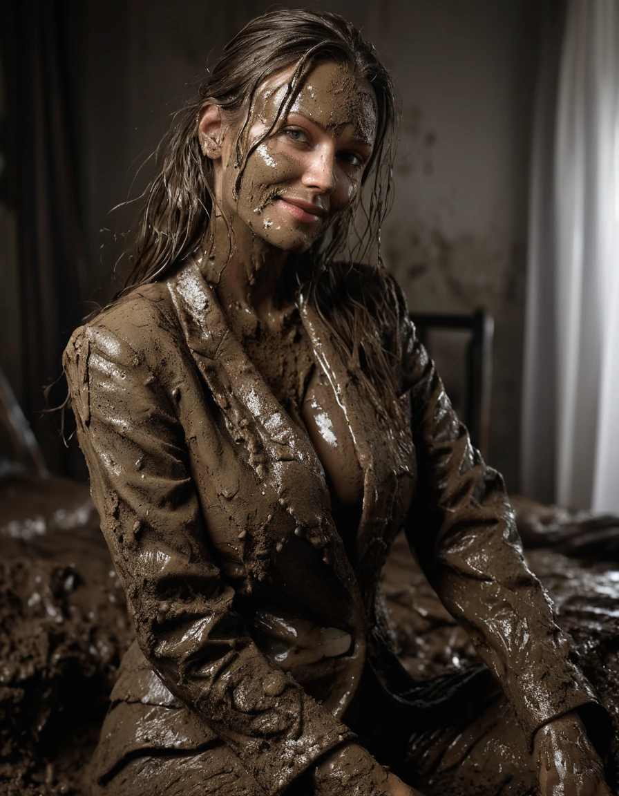 photo of young woman, in soaking wet, drenched clothes,
Muddy high heels, Long very muddy suit pants, Full muddy ruined fully-opened unbuttoned sexy blazer like a fancy uniform over topless with super sexy cleavage and exposed huge saggy boobs., Dark muddy indoor bedroom at night with a large luxury double bed. Deep mud on the floor, mud splashed walls, very dark warm mood lightings and candles., 
enjoying, wet clothes stuck to body,
detailed textures of the wet clothes, wet face, wet plastered hair,
wet, drenched, professional, high-quality details, full body view.
sharp focus, ultra-high pixel detail, realistic, high-quality, full colors, incredibly detailed, 4k, 8k, 16k, hyper-realistic, RAW photo, masterpiece, ultra-detailed, professionally color graded, professional photograph, Three stunning blonde 60 years old beautiful gleaming mature women are sleeping peacefully together on the luxury muddy bed after the crazy muddy indoor disco party at night on a professional photo. They are proudly wearing their fully and heavily mud-covered unbuttoned and opened sexy suits which fully exposing their large sexy and saggy muddy boobs. Focus on the large muddy cleavages of the blazers and on the bravely displayed large muddy heavy saggy boobs. Every small details of the clothes are muddy, muddy beautiful faces, muddy chests and boobs. Their blazer has the same colour as their muddy pants. The classy elegant bedroom is totally destroyed by mud, mud spots everywhere, mud flows down on the walls, mud on the furnitures. Straight muddy very long open wavy hairstyle, muddy hair, smiling and satisfied beautiful muddy faces, blue eyes, necklaces, earrings, lipstick. The women are enjoying to being total muddy in the muddy bed, being sexy, naughty while they are enjoying the muddy sleeping. Realistic muddy boobs and photorealistic detailed smiling facial expressions. Intimate close-up picture about the women. Close-up photo from above view, highly realistic representation, ultra sharp focus, highly photorealistic detailed textures, highly photorealistic detailed facial features and expressions, highly photorealistic hands, highly emotional reactions, highly best quality, highly sharp photorealistic image, highly photorealistic details, full UHD resolution, 32 K, very high level of detail and image sharpness, zoomed in, dry skin, dry clothes, dry fabric, dry skin, dry clothes, dry fabric, dry skin, dry clothes, dry fabric, dry skin, dry clothes, dry fabric, dry skin, dry clothes, dry fabric, dry skin, dry clothes, dry fabric