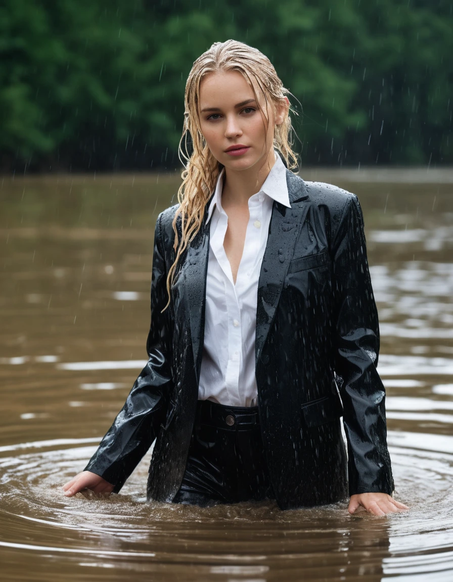 photo of young woman, in soaking wet, drenched clothes,
Black Long Business Trouser, Black Business Suit Jacket with white button down business shirt longsleeve, Clear Mountain lake with heavy rain, 
enjoying, wet clothes stuck to body,
detailed textures of the wet clothes, wet face, wet plastered hair,
wet, drenched, professional, high-quality details, full body view.
sharp focus, ultra-high pixel detail, realistic, high-quality, full colors, incredibly detailed, 4k, 8k, 16k, hyper-realistic, RAW photo, masterpiece, ultra-detailed, professionally color graded, professional photograph, young elegant beautiful white Blonde women, breast deep submerged, under a big rainshower, fully clothed, completely soaked, fully drenched, completely wet, wetlook, heavy rain, side parting, long hair, rain storm, looks confidently into camera, dry skin, dry clothes, dry fabric
