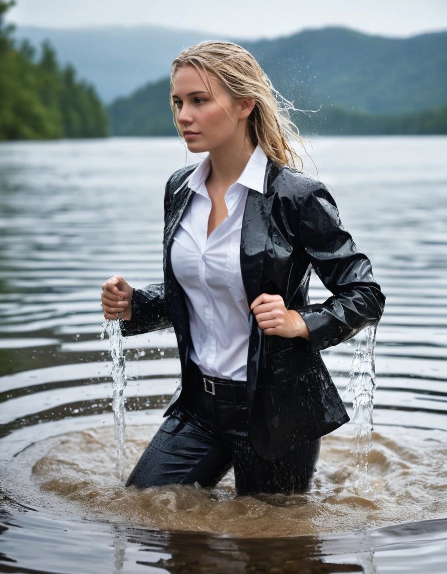 photo of young woman, in soaking wet, drenched clothes,
Black Long Business Trouser, Black Business Suit Jacket with white button down business shirt longsleeve, Clear Mountain lake with heavy rain, 
enjoying, wet clothes stuck to body,
detailed textures of the wet clothes, wet face, wet plastered hair,
wet, drenched, professional, high-quality details, full body view.
sharp focus, ultra-high pixel detail, realistic, high-quality, full colors, incredibly detailed, 4k, 8k, 16k, hyper-realistic, RAW photo, masterpiece, ultra-detailed, professionally color graded, professional photograph, young elegant beautiful white Blonde women, breast deep submerged, under a big rainshower, fully clothed, completely soaked, fully drenched, completely wet, wetlook, heavy rain, side parting, long hair, rain storm, looks confidently into camera, dry skin, dry clothes, dry fabric