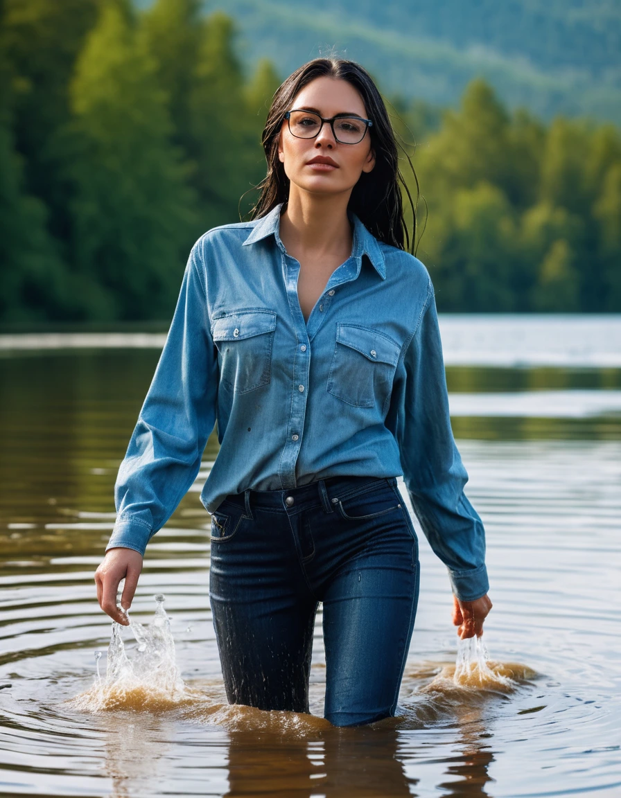 photo of young woman, in soaking wet, drenched clothes,
office shoes , wet long blue jeans shinning, wet blue jeans shirt with long sleeves shinning, walking submerged in sunny deep lake, 
enjoying, wet clothes stuck to body,
detailed textures of the wet clothes, wet face, wet plastered hair,
wet, drenched, professional, high-quality details, full body view.
sharp focus, ultra-high pixel detail, realistic, high-quality, full colors, incredibly detailed, 4k, 8k, 16k, hyper-realistic, RAW photo, masterpiece, ultra-detailed, professionally color graded, professional photograph, woman 51 years old, long black hair, very big and thick lips, office glasses, complete body, open mouth, dry skin, dry clothes, dry fabric