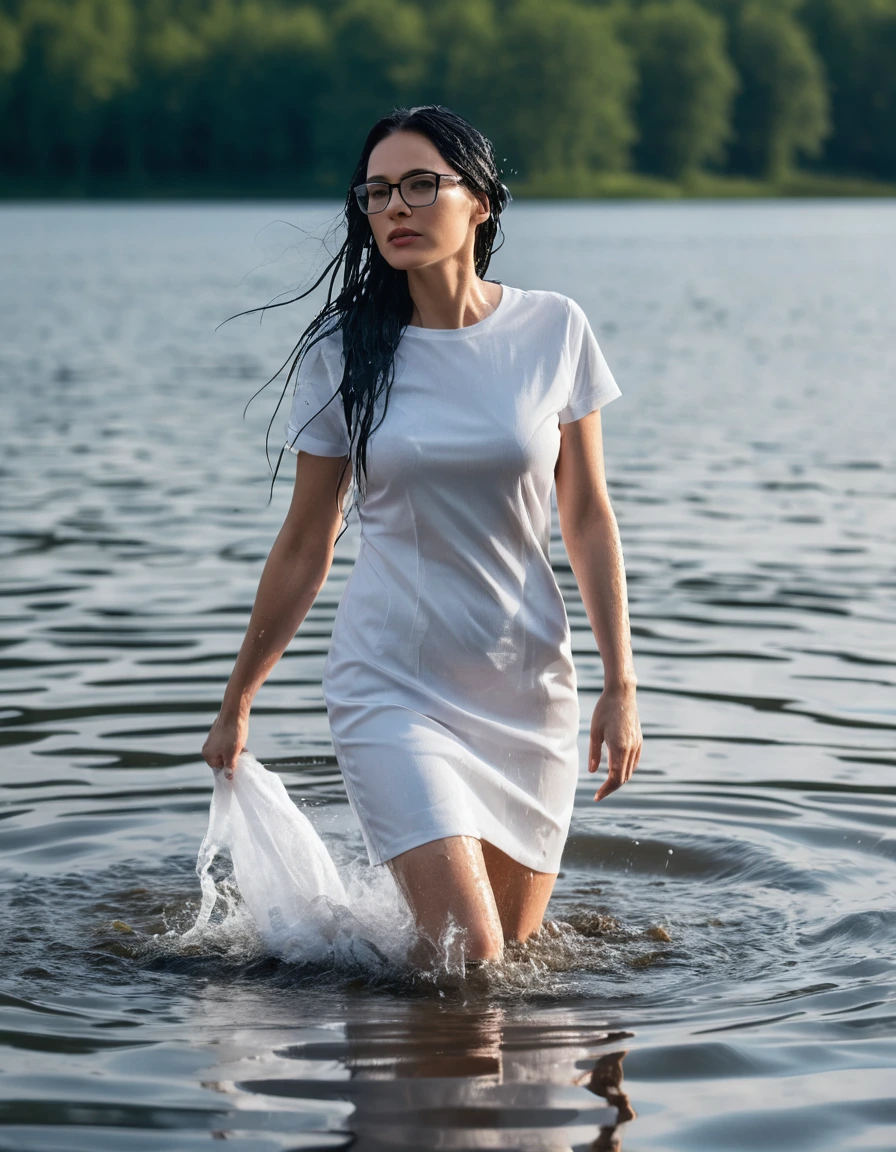 photo of young woman, in soaking wet, drenched clothes,
office shoes , long tight blue jeans, white t-shirt dress with short sleeves, walking submerged in sunny deep lake, 
enjoying, wet clothes stuck to body,
detailed textures of the wet clothes, wet face, wet plastered hair,
wet, drenched, professional, high-quality details, full body view.
sharp focus, ultra-high pixel detail, realistic, high-quality, full colors, incredibly detailed, 4k, 8k, 16k, hyper-realistic, RAW photo, masterpiece, ultra-detailed, professionally color graded, professional photograph, woman 51 years old, long black hair, very big and thick lips, office glasses, complete body, open mouth,, dry skin, dry clothes, dry fabric