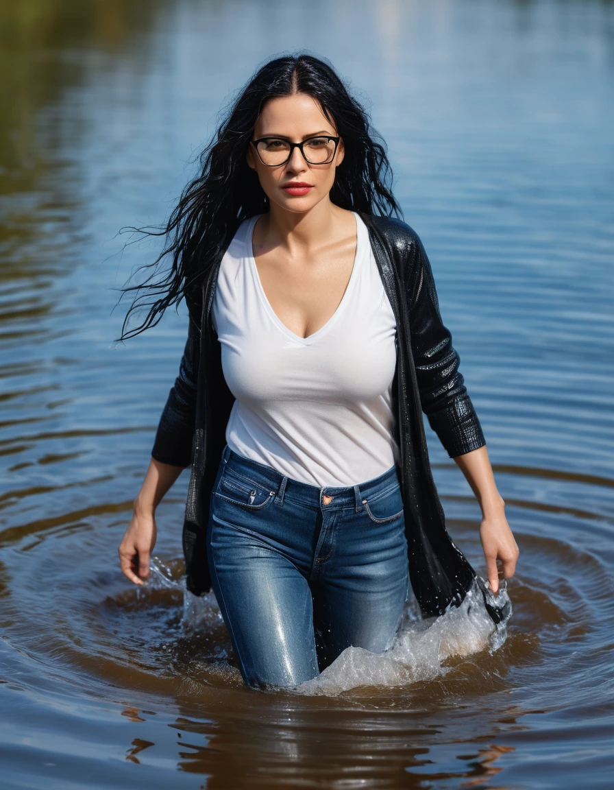 photo of young woman, in soaking wet, drenched clothes,
office shoes , long blue leather jeans, black tank top, white sweater, walking submerged in sunny deep lake, 
enjoying, wet clothes stuck to body,
detailed textures of the wet clothes, wet face, wet plastered hair,
wet, drenched, professional, high-quality details, full body view.
sharp focus, ultra-high pixel detail, realistic, high-quality, full colors, incredibly detailed, 4k, 8k, 16k, hyper-realistic, RAW photo, masterpiece, ultra-detailed, professionally color graded, professional photograph, woman 51 years old, long black hair, very big and thick lips, office glasses, complete body, dry skin, dry clothes, dry fabric