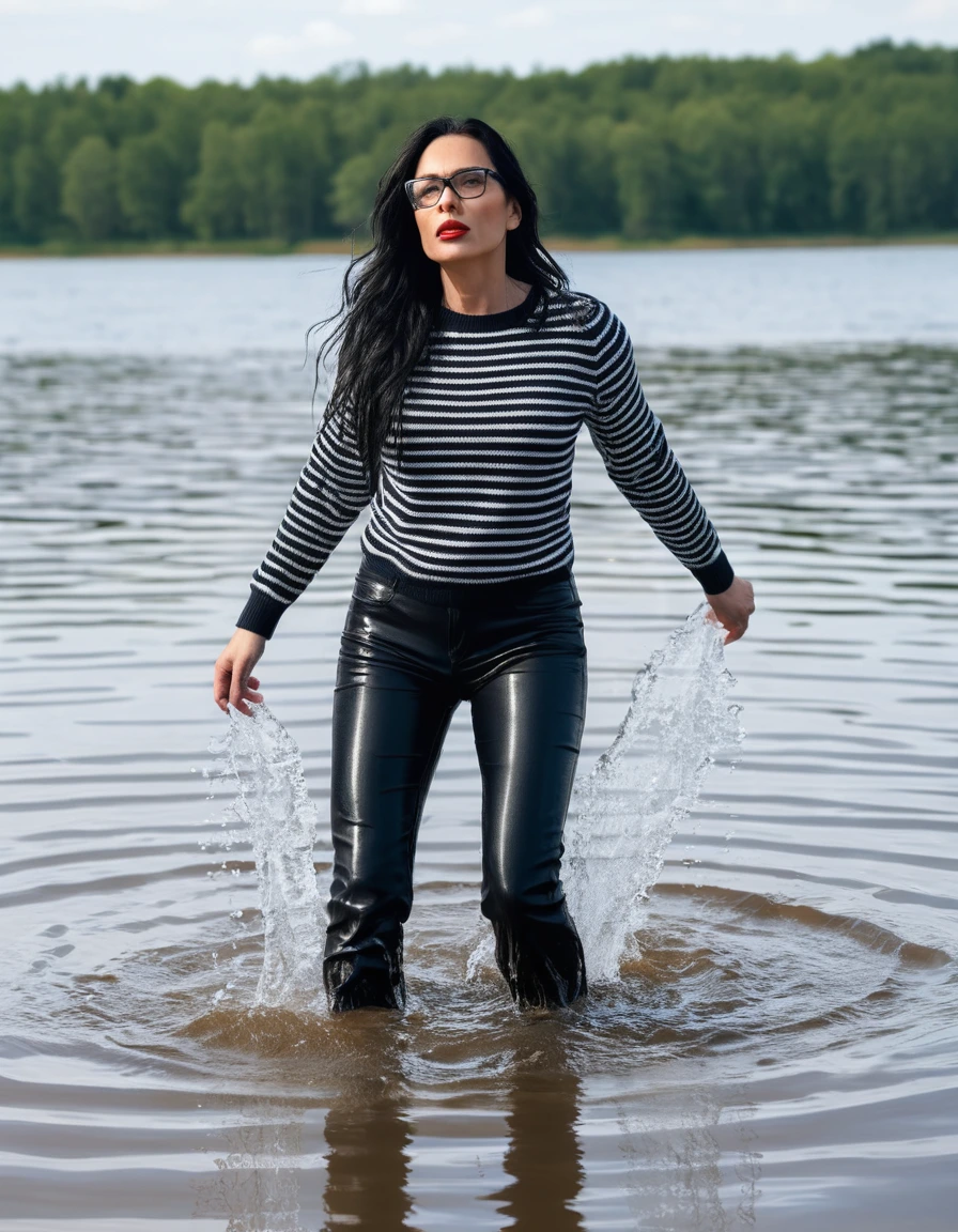 photo of young woman, in soaking wet, drenched clothes,
office shoes , long black leather jeans, black & white striped sweater with long sleeves, walking submerged in sunny deep lake, 
enjoying, wet clothes stuck to body,
detailed textures of the wet clothes, wet face, wet plastered hair,
wet, drenched, professional, high-quality details, full body view.
sharp focus, ultra-high pixel detail, realistic, high-quality, full colors, incredibly detailed, 4k, 8k, 16k, hyper-realistic, RAW photo, masterpiece, ultra-detailed, professionally color graded, professional photograph, woman 51 years old, long black hair, very big and thick lips, office glasses, complete body, open mouth,, dry skin, dry clothes, dry fabric