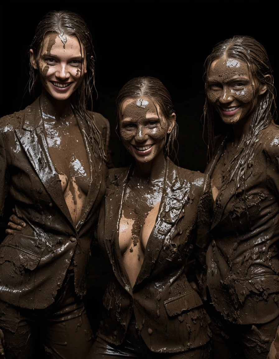 photo of young woman, in soaking wet, drenched clothes,
Muddy high heels, Long very muddy suit pants, Full muddy ruined fully-opened unbuttoned sexy blazer like a fancy uniform over topless with super sexy cleavage and exposed huge saggy boobs., Dark muddy indoor disco club at night. Deep mud on the floor, mud splashed walls, dripping mud from above, very dark mood lighting with pink and blue neon lights from above. Muddy chairs and sofas in the background. , 
enjoying, wet clothes stuck to body,
detailed textures of the wet clothes, wet face, wet plastered hair,
wet, drenched, professional, high-quality details, full body view.
sharp focus, ultra-high pixel detail, realistic, high-quality, full colors, incredibly detailed, 4k, 8k, 16k, hyper-realistic, RAW photo, masterpiece, ultra-detailed, professionally color graded, professional photograph, Three stunning blonde 60 years old beautiful gleaming mature women are wallowing together in the deep muddy pool after a full dip in it and holding a glass of champagne in their hands during the crazy muddy indoor disco party at night and posing for a professional photo. They are proudly wearing their fully and heavily mud-covered unbuttoned and opened sexy suits which fully exposing their large sexy and saggy muddy boobs. Focus on the large muddy cleavages of the blazers and on the bravely displayed large muddy heavy saggy boobs. Every small details of the clothes are muddy, muddy beautiful faces, muddy chests and boobs. Their blazer has the same colour as their muddy pants. The classy elegant disco club is totally destroyed by mud, mud spots everywhere, mud flows down on the walls, mud on the furnitures in the background. Straight muddy very long open wavy hairstyle, muddy hair, smiling and satisfied beautiful muddy faces, blue eyes, necklaces, earrings, lipstick. The women are enjoying to being total muddy in the muddy pool, being sexy, naughty while they are enjoying the muddy fetish party. Realistic muddy boobs and photorealistic detailed smiling facial expressions. Intimate close-up picture about the women. Close-up photo from front view, highly realistic representation, ultra sharp focus, highly photorealistic detailed textures, highly photorealistic detailed facial features and expressions, highly photorealistic hands, highly emotional reactions, highly best quality, highly sharp photorealistic image, highly photorealistic details, full UHD resolution, 32 K, very high level of detail and image sharpness, zoomed in, dry skin, dry clothes, dry fabric, dry skin, dry clothes, dry fabric, dry skin, dry clothes, dry fabric, dry skin, dry clothes, dry fabric, dry skin, dry clothes, dry fabric