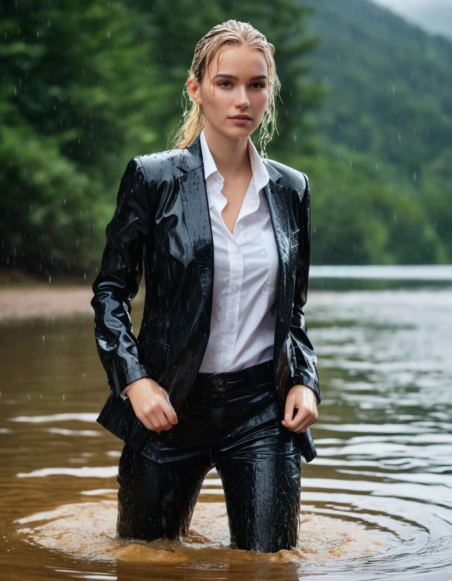 photo of young woman, in soaking wet, drenched clothes,
Black Long Business Trouser, Black Business Suit Jacket with white button down business shirt longsleeve, Clear Mountain lake with heavy rain, 
enjoying, wet clothes stuck to body,
detailed textures of the wet clothes, wet face, wet plastered hair,
wet, drenched, professional, high-quality details, full body view.
sharp focus, ultra-high pixel detail, realistic, high-quality, full colors, incredibly detailed, 4k, 8k, 16k, hyper-realistic, RAW photo, masterpiece, ultra-detailed, professionally color graded, professional photograph, young elegant beautiful white Blonde women, breast deep submerged, under a big rainshower, fully clothed, completely soaked, fully drenched, completely wet, wetlook, heavy rain, side parting, long hair, rain storm, looks confidently into camera, dry skin, dry clothes, dry fabric
