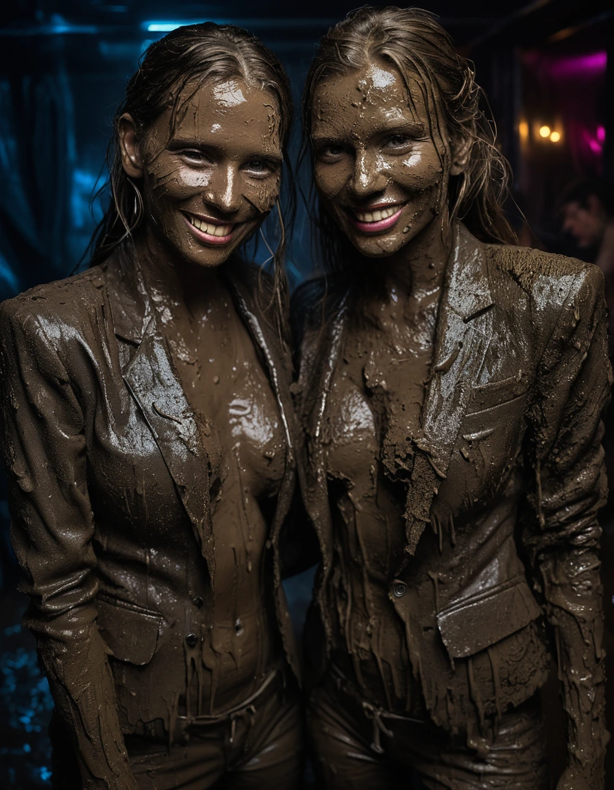photo of young woman, in soaking wet, drenched clothes,
Muddy high heels, Long very muddy suit pants, Full muddy ruined fully-opened unbuttoned sexy blazer like a fancy uniform over topless with super sexy cleavage and exposed huge saggy boobs., Dark muddy indoor disco club at night. Deep mud on the floor, mud splashed walls, dripping mud from above, very dark mood lighting with pink and blue neon lights from above. Muddy chairs and sofas in the background. , 
enjoying, wet clothes stuck to body,
detailed textures of the wet clothes, wet face, wet plastered hair,
wet, drenched, professional, high-quality details, full body view.
sharp focus, ultra-high pixel detail, realistic, high-quality, full colors, incredibly detailed, 4k, 8k, 16k, hyper-realistic, RAW photo, masterpiece, ultra-detailed, professionally color graded, professional photograph, Three stunning blonde 60 years old beautiful gleaming mature women are wallowing together in the deep muddy pool after a full dip in it and holding a glass of champagne in their hands during the crazy muddy indoor disco party at night and posing for a professional photo. They are proudly wearing their fully and heavily mud-covered unbuttoned and opened sexy suits which fully exposing their large sexy and saggy muddy boobs. Focus on the large muddy cleavages of the blazers and on the bravely displayed large muddy heavy saggy boobs. Every small details of the clothes are muddy, muddy beautiful faces, muddy chests and boobs. Their blazer has the same colour as their muddy pants. The classy elegant disco club is totally destroyed by mud, mud spots everywhere, mud flows down on the walls, mud on the furnitures in the background. Straight muddy very long open wavy hairstyle, muddy hair, smiling and satisfied beautiful muddy faces, blue eyes, necklaces, earrings, lipstick. The women are enjoying to being total muddy in the muddy pool, being sexy, naughty while they are enjoying the muddy fetish party. Realistic muddy boobs and photorealistic detailed smiling facial expressions. Intimate close-up picture about the women. Close-up photo from front view, highly realistic representation, ultra sharp focus, highly photorealistic detailed textures, highly photorealistic detailed facial features and expressions, highly photorealistic hands, highly emotional reactions, highly best quality, highly sharp photorealistic image, highly photorealistic details, full UHD resolution, 32 K, very high level of detail and image sharpness, zoomed in, dry skin, dry clothes, dry fabric, dry skin, dry clothes, dry fabric, dry skin, dry clothes, dry fabric, dry skin, dry clothes, dry fabric, dry skin, dry clothes, dry fabric
