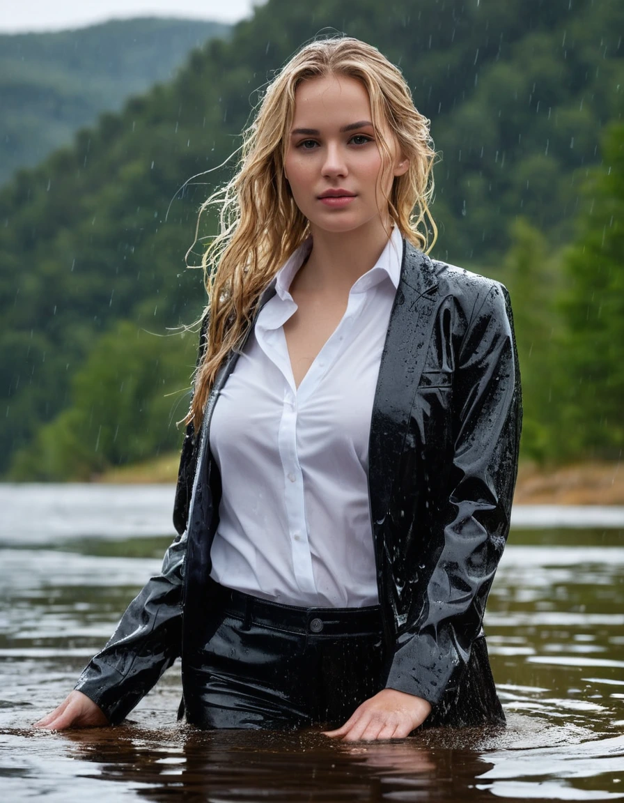 photo of young woman, in soaking wet, drenched clothes,
Black Long Business Trouser, Black Business Suit Jacket with white button down business shirt longsleeve, Clear Mountain lake with heavy rain, 
enjoying, wet clothes stuck to body,
detailed textures of the wet clothes, wet face, wet plastered hair,
wet, drenched, professional, high-quality details, full body view.
sharp focus, ultra-high pixel detail, realistic, high-quality, full colors, incredibly detailed, 4k, 8k, 16k, hyper-realistic, RAW photo, masterpiece, ultra-detailed, professionally color graded, professional photograph, young elegant beautiful white Blonde women, breast deep submerged, under a big rainshower, fully clothed, completely soaked, fully drenched, completely wet, wetlook, heavy rain, side parting, long hair, rain storm, looks confidently into camera, dry skin, dry clothes, dry fabric
