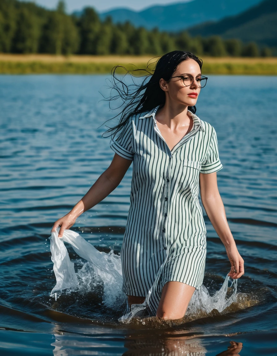 photo of young woman, in soaking wet, drenched clothes,
office shoes , white & black striped t-shirt dress with short sleeves, white & DARK GREEN striped t-shirt dress with short sleeves, walking in sunny deep lake, 
enjoying, wet clothes stuck to body,
detailed textures of the wet clothes, wet face, wet plastered hair,
wet, drenched, professional, high-quality details, full body view.
sharp focus, ultra-high pixel detail, realistic, high-quality, full colors, incredibly detailed, 4k, 8k, 16k, hyper-realistic, RAW photo, masterpiece, ultra-detailed, professionally color graded, professional photograph, woman 51 years old, long black hair, very big and thick lips, office glasses, complete body, open mouth, hands in the air, dry skin, dry clothes, dry fabric, dry skin, dry clothes, dry fabric, dry skin, dry clothes, dry fabric