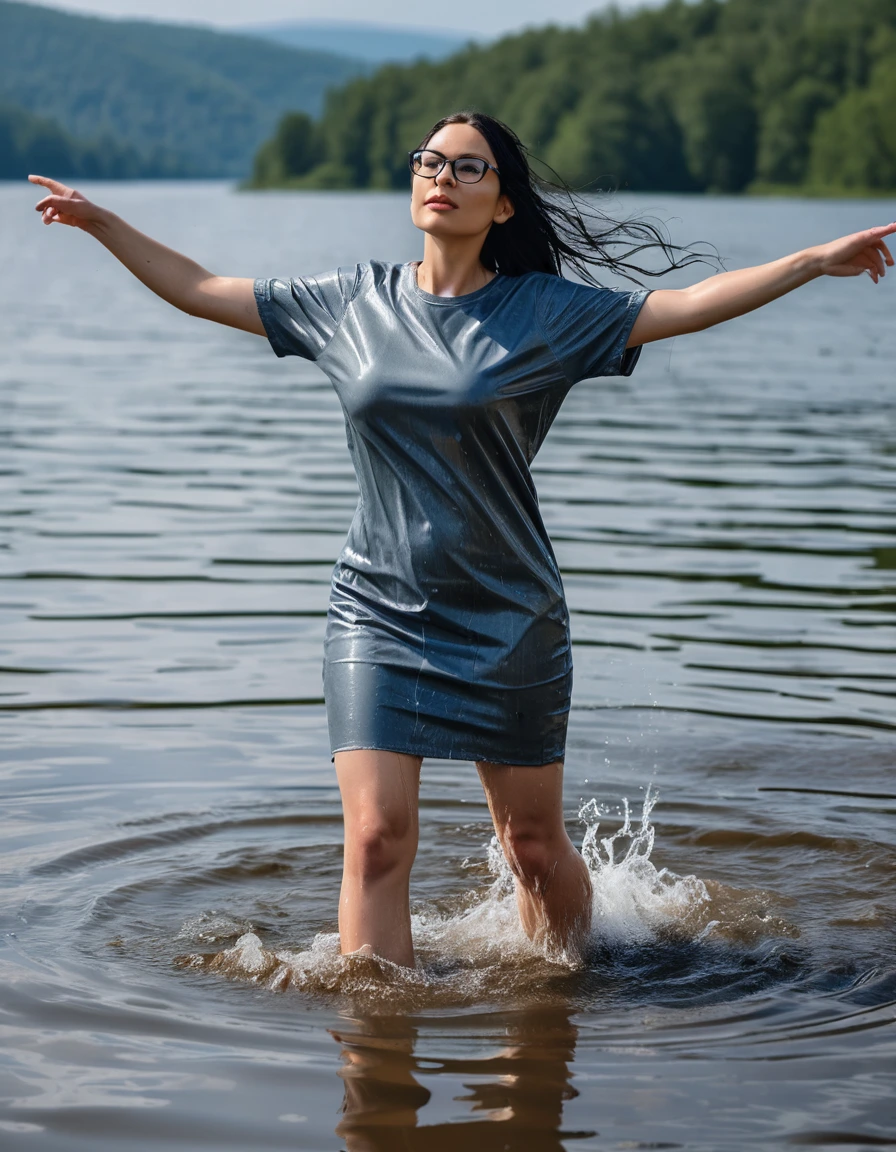 photo of young woman, in soaking wet, drenched clothes,
office shoes , long tight blue jeans, gray t-shirt dress with short sleeves, walking submerged in sunny deep lake, 
enjoying, wet clothes stuck to body,
detailed textures of the wet clothes, wet face, wet plastered hair,
wet, drenched, professional, high-quality details, full body view.
sharp focus, ultra-high pixel detail, realistic, high-quality, full colors, incredibly detailed, 4k, 8k, 16k, hyper-realistic, RAW photo, masterpiece, ultra-detailed, professionally color graded, professional photograph, woman 51 years old, long black hair, very big and thick lips, office glasses, complete body, open mouth, hands in the air, dry skin, dry clothes, dry fabric