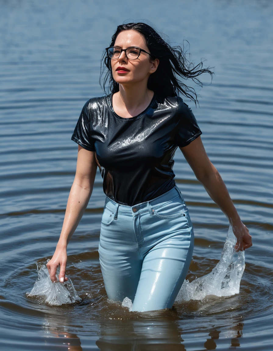 photo of young woman, in soaking wet, drenched clothes,
office shoes , long light blue leather jeans, black top t-shirt with short sleeves, walking submerged in sunny deep lake, 
enjoying, wet clothes stuck to body,
detailed textures of the wet clothes, wet face, wet plastered hair,
wet, drenched, professional, high-quality details, full body view.
sharp focus, ultra-high pixel detail, realistic, high-quality, full colors, incredibly detailed, 4k, 8k, 16k, hyper-realistic, RAW photo, masterpiece, ultra-detailed, professionally color graded, professional photograph, woman 51 years old, long black hair, very big and thick lips, office glasses, complete body, open mouth, dry skin, dry clothes, dry fabric