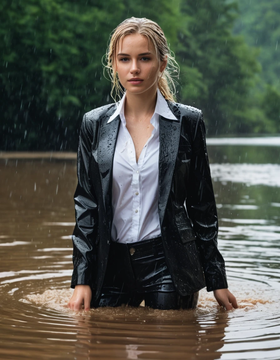 photo of young woman, in soaking wet, drenched clothes,
Black Long Business Trouser, Black Business Suit Jacket with white button down business shirt longsleeve, Clear Mountain lake with heavy rain, 
enjoying, wet clothes stuck to body,
detailed textures of the wet clothes, wet face, wet plastered hair,
wet, drenched, professional, high-quality details, full body view.
sharp focus, ultra-high pixel detail, realistic, high-quality, full colors, incredibly detailed, 4k, 8k, 16k, hyper-realistic, RAW photo, masterpiece, ultra-detailed, professionally color graded, professional photograph, young elegant beautiful white Blonde women, breast deep submerged, under a big rainshower, fully clothed, completely soaked, fully drenched, completely wet, wetlook, heavy rain, side parting, long hair, rain storm, looks confidently into camera, dry skin, dry clothes, dry fabric