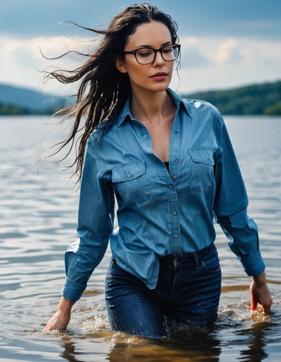 photo of young woman, in soaking wet, drenched clothes,
office shoes , wet long blue jeans shinning, wet blue jeans shirt with long sleeves shinning, walking submerged in sunny deep lake, 
enjoying, wet clothes stuck to body,
detailed textures of the wet clothes, wet face, wet plastered hair,
wet, drenched, professional, high-quality details, full body view.
sharp focus, ultra-high pixel detail, realistic, high-quality, full colors, incredibly detailed, 4k, 8k, 16k, hyper-realistic, RAW photo, masterpiece, ultra-detailed, professionally color graded, professional photograph, woman 51 years old, long black hair, very big and thick lips, office glasses, complete body, open mouth, dry skin, dry clothes, dry fabric