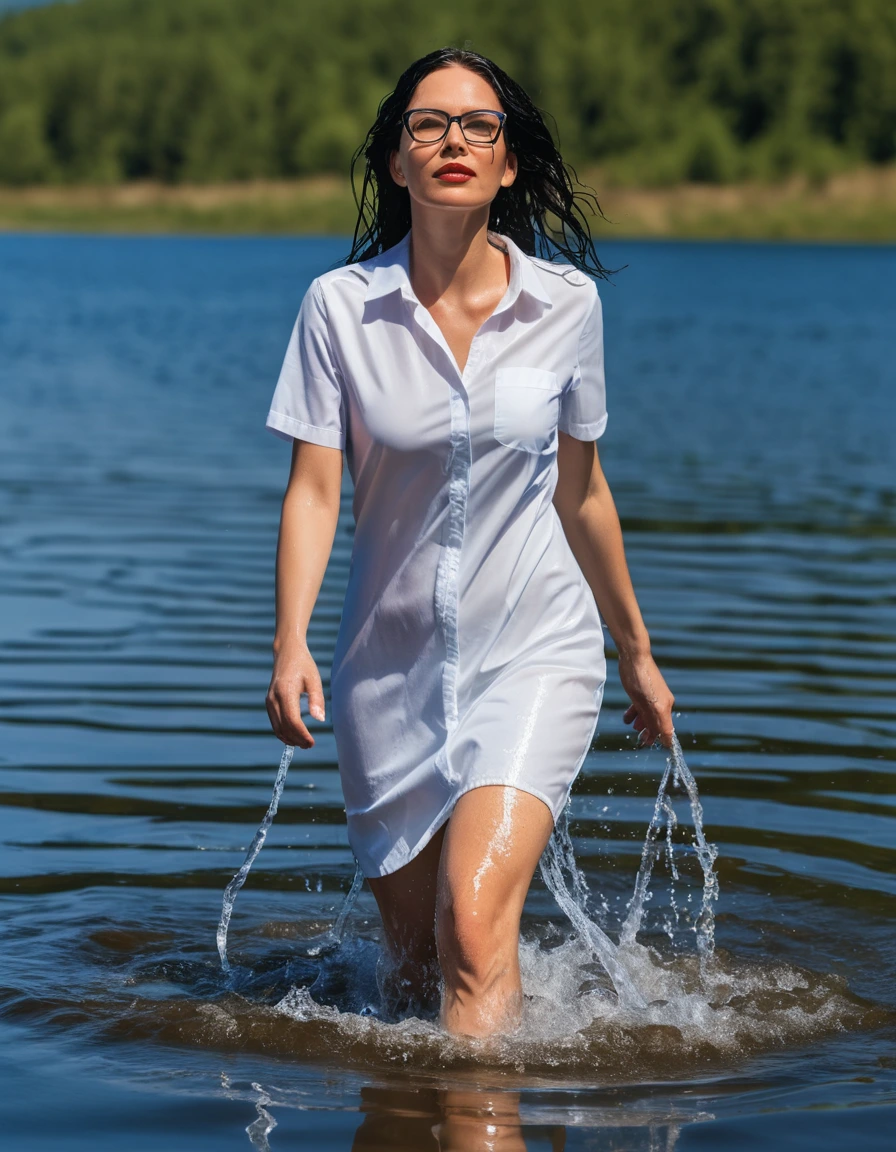 photo of young woman, in soaking wet, drenched clothes,
office shoes , long tight blue jeans, white t-shirt dress with short sleeves, walking in sunny deep lake, 
enjoying, wet clothes stuck to body,
detailed textures of the wet clothes, wet face, wet plastered hair,
wet, drenched, professional, high-quality details, full body view.
sharp focus, ultra-high pixel detail, realistic, high-quality, full colors, incredibly detailed, 4k, 8k, 16k, hyper-realistic, RAW photo, masterpiece, ultra-detailed, professionally color graded, professional photograph, woman 51 years old, long black hair, very big and thick lips, office glasses, complete body, open mouth, hands in the air, dry skin, dry clothes, dry fabric