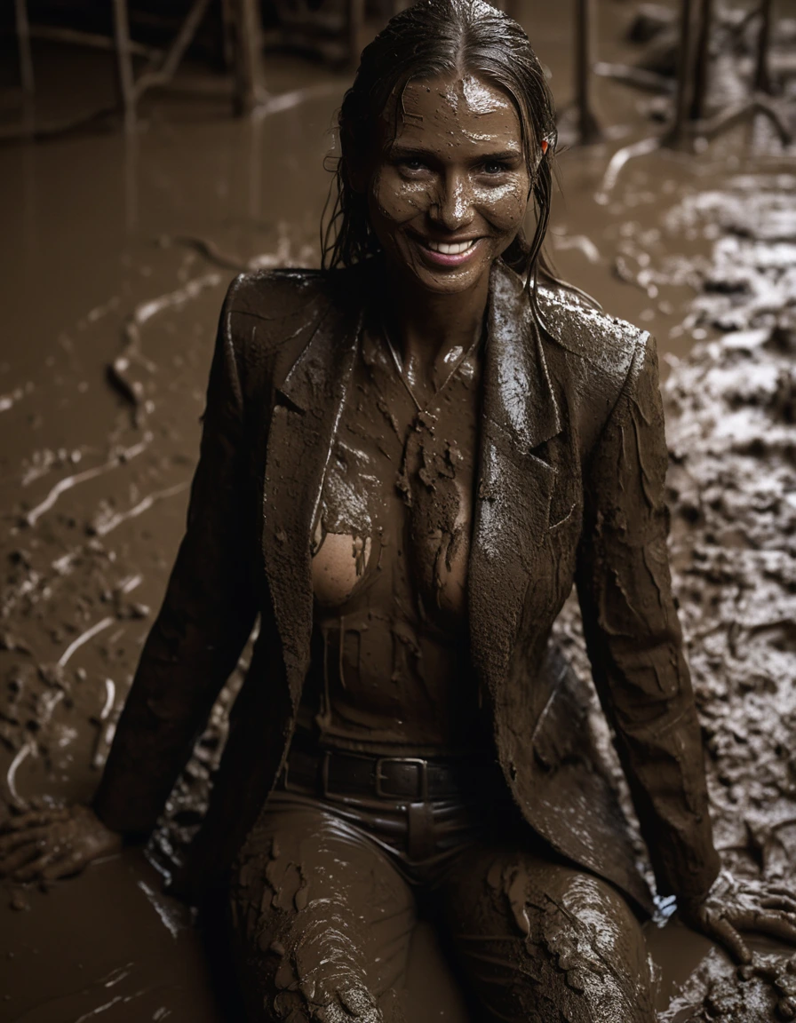 photo of young woman, in soaking wet, drenched clothes,
Muddy high heels, Long very muddy suit pants, Full muddy ruined fully-opened unbuttoned sexy blazer like a fancy uniform over topless with super sexy cleavage and exposed huge saggy boobs., Dark muddy indoor disco club at night. Deep mud on the floor, mud splashed walls, dripping mud from above, very dark mood lighting with pink and blue neon lights from above. Muddy chairs and sofas in the background. , 
enjoying, wet clothes stuck to body,
detailed textures of the wet clothes, wet face, wet plastered hair,
wet, drenched, professional, high-quality details, full body view.
sharp focus, ultra-high pixel detail, realistic, high-quality, full colors, incredibly detailed, 4k, 8k, 16k, hyper-realistic, RAW photo, masterpiece, ultra-detailed, professionally color graded, professional photograph, Three stunning blonde 60 years old beautiful gleaming mature women are wallowing together in the deep muddy pool after a full dip in it and holding a glass of champagne in their hands during the crazy muddy indoor disco party at night and posing for a professional photo. They are proudly wearing their fully and heavily mud-covered unbuttoned and opened sexy suits which fully exposing their large sexy and saggy muddy boobs. Focus on the large muddy cleavages of the blazers and on the bravely displayed large muddy heavy saggy boobs. Every small details of the clothes are muddy, muddy beautiful faces, muddy chests and boobs. Their blazer has the same colour as their muddy pants. The classy elegant disco club is totally destroyed by mud, mud spots everywhere, mud flows down on the walls, mud on the furnitures in the background. Straight muddy very long open wavy hairstyle, muddy hair, smiling and satisfied beautiful muddy faces, blue eyes, necklaces, earrings, lipstick. The women are enjoying to being total muddy in the muddy pool, being sexy, naughty while they are enjoying the muddy fetish party. Realistic muddy boobs and photorealistic detailed smiling facial expressions. Intimate close-up picture about the women. Close-up photo from front view, highly realistic representation, ultra sharp focus, highly photorealistic detailed textures, highly photorealistic detailed facial features and expressions, highly photorealistic hands, highly emotional reactions, highly best quality, highly sharp photorealistic image, highly photorealistic details, full UHD resolution, 32 K, very high level of detail and image sharpness, zoomed in, dry skin, dry clothes, dry fabric, dry skin, dry clothes, dry fabric, dry skin, dry clothes, dry fabric, dry skin, dry clothes, dry fabric, dry skin, dry clothes, dry fabric, dry skin, dry clothes, dry fabric