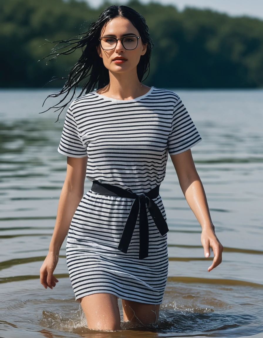 photo of young woman, in soaking wet, drenched clothes,
office shoes , white & black striped t-shirt dress with short sleeves, white & black striped t-shirt dress with short sleeves, walking in sunny deep lake, 
enjoying, wet clothes stuck to body,
detailed textures of the wet clothes, wet face, wet plastered hair,
wet, drenched, professional, high-quality details, full body view.
sharp focus, ultra-high pixel detail, realistic, high-quality, full colors, incredibly detailed, 4k, 8k, 16k, hyper-realistic, RAW photo, masterpiece, ultra-detailed, professionally color graded, professional photograph, woman 51 years old, long black hair, very big and thick lips, office glasses, complete body, open mouth,, dry skin, dry clothes, dry fabric