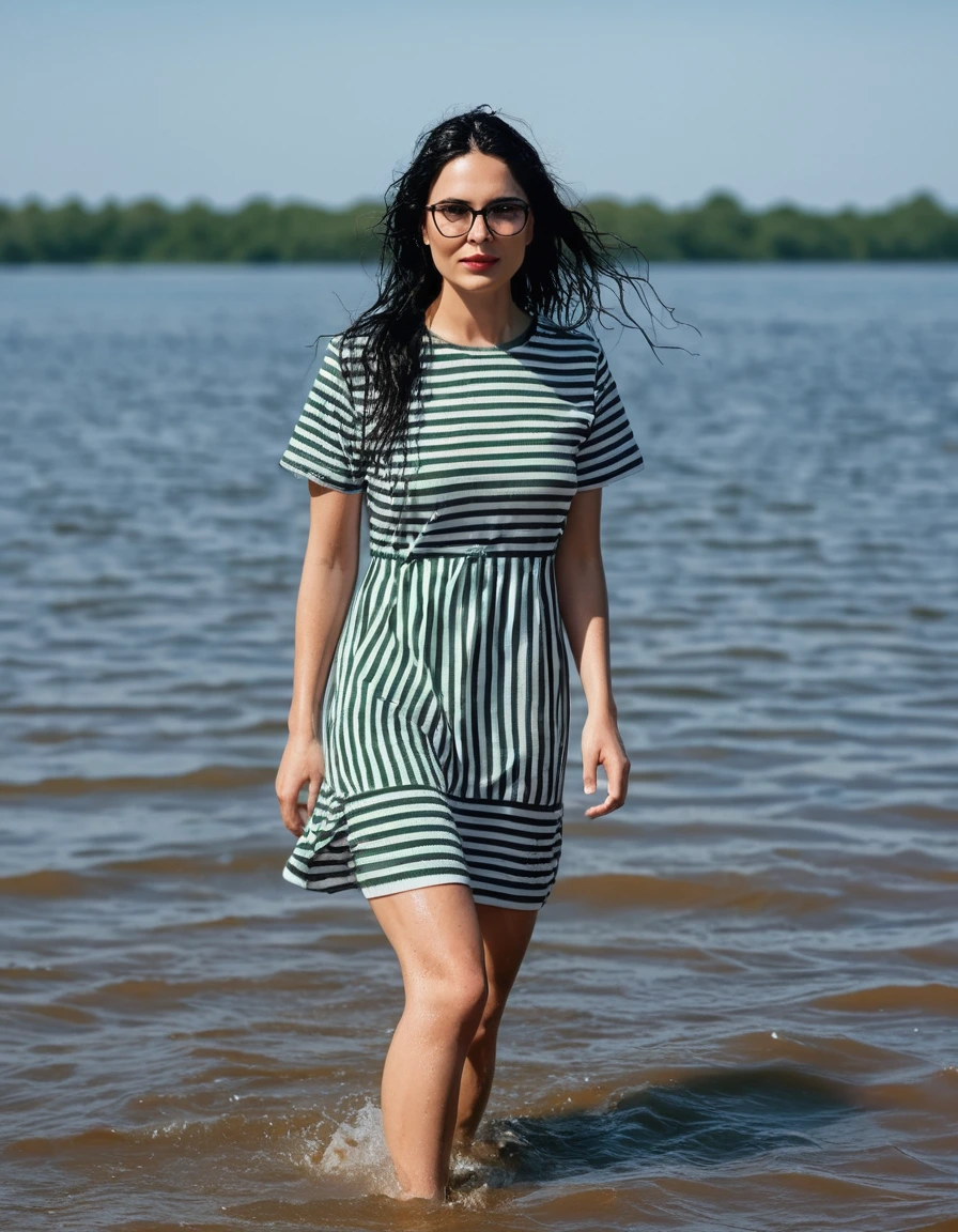 photo of young woman, in soaking wet, drenched clothes,
office shoes , white & black striped t-shirt dress with short sleeves, white & DARK GREEN striped t-shirt dress with short sleeves, walking in sunny deep lake, 
enjoying, wet clothes stuck to body,
detailed textures of the wet clothes, wet face, wet plastered hair,
wet, drenched, professional, high-quality details, full body view.
sharp focus, ultra-high pixel detail, realistic, high-quality, full colors, incredibly detailed, 4k, 8k, 16k, hyper-realistic, RAW photo, masterpiece, ultra-detailed, professionally color graded, professional photograph, woman 51 years old, long black hair, very big and thick lips, office glasses, complete body, open mouth, hands in the air, dry skin, dry clothes, dry fabric, dry skin, dry clothes, dry fabric, dry skin, dry clothes, dry fabric
