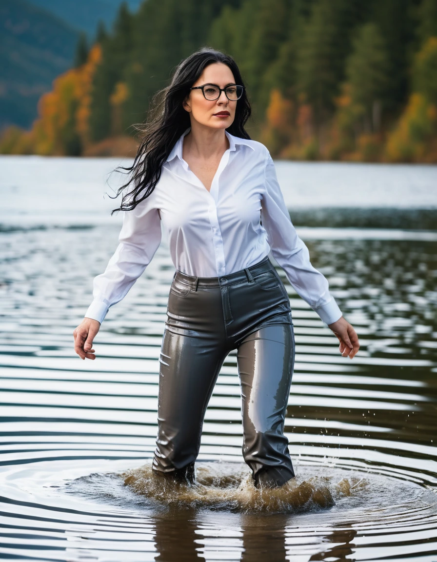 photo of young woman, in soaking wet, drenched clothes,
office shoes , long gray latex jeans, white latex shirt with long sleeves, walking submerged in sunny deep lake, 
enjoying, wet clothes stuck to body,
detailed textures of the wet clothes, wet face, wet plastered hair,
wet, drenched, professional, high-quality details, full body view.
sharp focus, ultra-high pixel detail, realistic, high-quality, full colors, incredibly detailed, 4k, 8k, 16k, hyper-realistic, RAW photo, masterpiece, ultra-detailed, professionally color graded, professional photograph, woman 51 years old, long black hair, very big and thick lips, office glasses, complete body, open mouth, hands in the air, dry skin, dry clothes, dry fabric