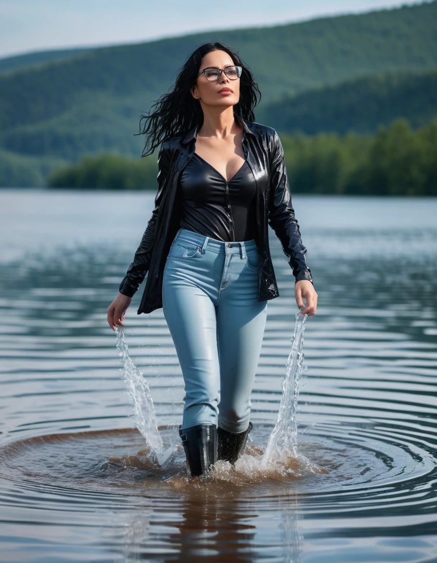 photo of young woman, in soaking wet, drenched clothes,
office shoes , long light blue leather jeans, black tank top with long sleeves, walking submerged in sunny deep lake, 
enjoying, wet clothes stuck to body,
detailed textures of the wet clothes, wet face, wet plastered hair,
wet, drenched, professional, high-quality details, full body view.
sharp focus, ultra-high pixel detail, realistic, high-quality, full colors, incredibly detailed, 4k, 8k, 16k, hyper-realistic, RAW photo, masterpiece, ultra-detailed, professionally color graded, professional photograph, woman 51 years old, long black hair, very big and thick lips, office glasses, complete body, open mouth, dry skin, dry clothes, dry fabric