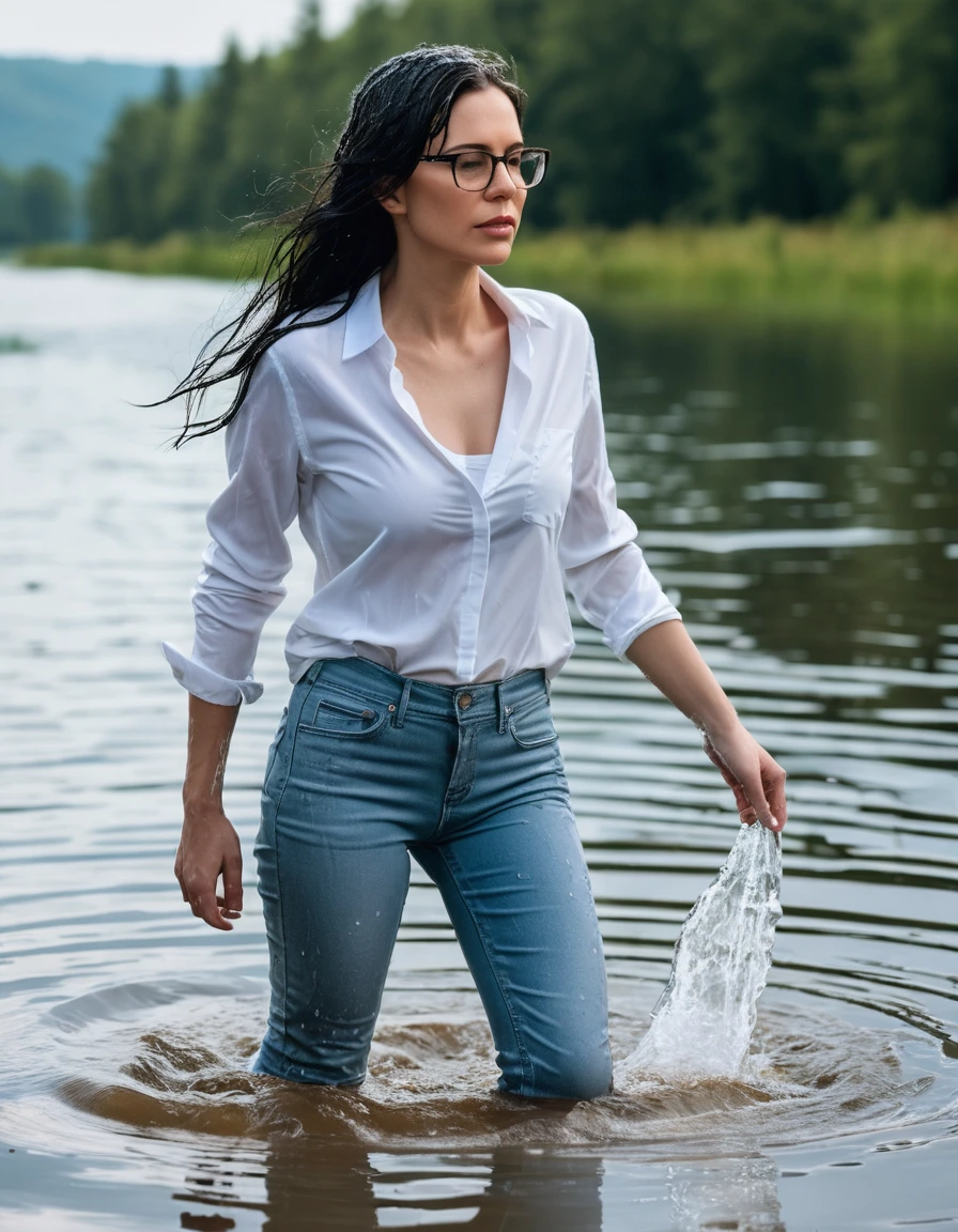 photo of young woman, in soaking wet, drenched clothes,
office shoes , long light blue leather jeans, white tank top with long sleeves, walking submerged in sunny deep lake, 
enjoying, wet clothes stuck to body,
detailed textures of the wet clothes, wet face, wet plastered hair,
wet, drenched, professional, high-quality details, full body view.
sharp focus, ultra-high pixel detail, realistic, high-quality, full colors, incredibly detailed, 4k, 8k, 16k, hyper-realistic, RAW photo, masterpiece, ultra-detailed, professionally color graded, professional photograph, woman 51 years old, long black hair, very big and thick lips, office glasses, complete body, open mouth, dry skin, dry clothes, dry fabric