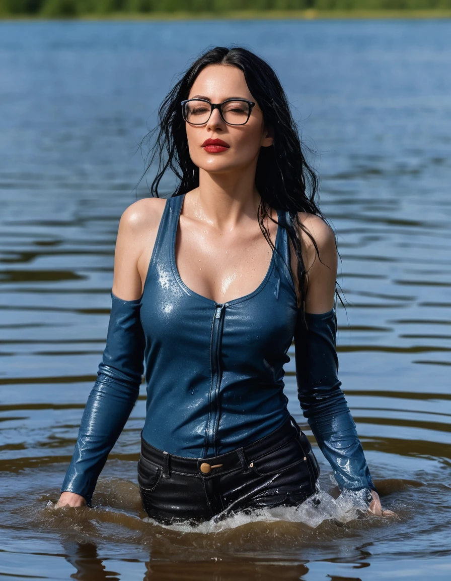 photo of young woman, in soaking wet, drenched clothes,
office shoes , long blue leather jeans, dark blue tank top with long sleeves, walking submerged in sunny deep lake, 
enjoying, wet clothes stuck to body,
detailed textures of the wet clothes, wet face, wet plastered hair,
wet, drenched, professional, high-quality details, full body view.
sharp focus, ultra-high pixel detail, realistic, high-quality, full colors, incredibly detailed, 4k, 8k, 16k, hyper-realistic, RAW photo, masterpiece, ultra-detailed, professionally color graded, professional photograph, woman 51 years old, long black hair, very big and thick lips, office glasses, complete body, open mouth, dry skin, dry clothes, dry fabric