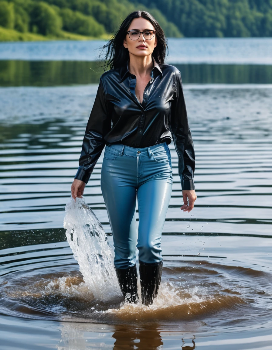 photo of young woman, in soaking wet, drenched clothes,
office shoes , long light blue leather jeans, black leather denim shirt with long sleeves, walking submerged in sunny deep lake, 
enjoying, wet clothes stuck to body,
detailed textures of the wet clothes, wet face, wet plastered hair,
wet, drenched, professional, high-quality details, full body view.
sharp focus, ultra-high pixel detail, realistic, high-quality, full colors, incredibly detailed, 4k, 8k, 16k, hyper-realistic, RAW photo, masterpiece, ultra-detailed, professionally color graded, professional photograph, woman 51 years old, long black hair, very big and thick lips, office glasses, complete body, open mouth, dry skin, dry clothes, dry fabric