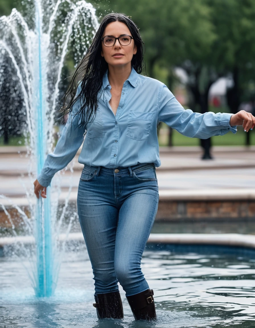 photo of young woman, in soaking wet, drenched clothes,
office shoes , wet long light blue tight jeans shinning, wet light blue jeans shirt with long sleeves shinning, walking submerged in public artesian fountain, 
enjoying, wet clothes stuck to body,
detailed textures of the wet clothes, wet face, wet plastered hair,
wet, drenched, professional, high-quality details, full body view.
sharp focus, ultra-high pixel detail, realistic, high-quality, full colors, incredibly detailed, 4k, 8k, 16k, hyper-realistic, RAW photo, masterpiece, ultra-detailed, professionally color graded, professional photograph, woman 51 years old, long black hair, very big and thick lips, office glasses, complete body, open mouth, hands in the air,, dry skin, dry clothes, dry fabric