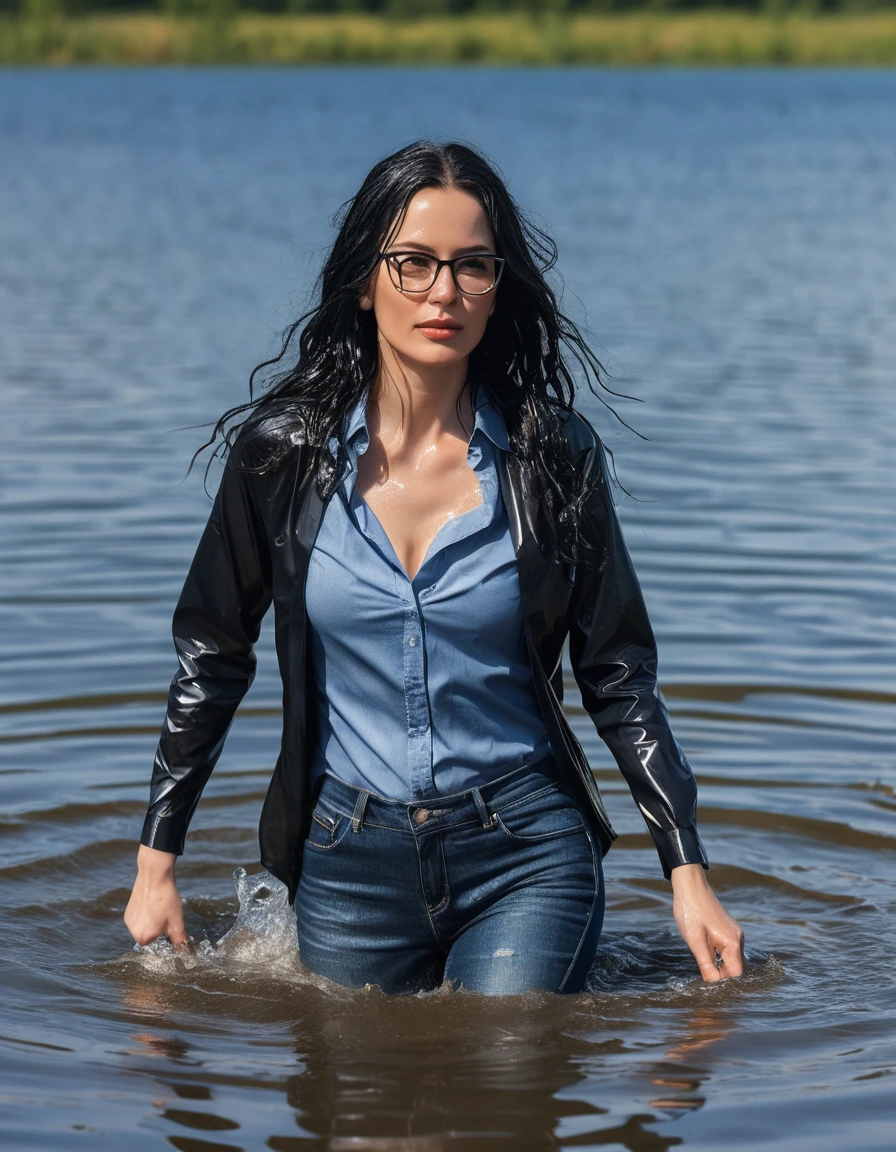 photo of young woman, in soaking wet, drenched clothes,
office shoes , long tight blue jeans shinning, with black top, walking submerged in sunny deep lake, 
enjoying, wet clothes stuck to body,
detailed textures of the wet clothes, wet face, wet plastered hair,
wet, drenched, professional, high-quality details, full body view.
sharp focus, ultra-high pixel detail, realistic, high-quality, full colors, incredibly detailed, 4k, 8k, 16k, hyper-realistic, RAW photo, masterpiece, ultra-detailed, professionally color graded, professional photograph, woman 51 years old, long black hair, very big and thick lips, office glasses, complete body, open mouth, dry skin, dry clothes, dry fabric, dry skin, dry clothes, dry fabric, dry skin, dry clothes, dry fabric