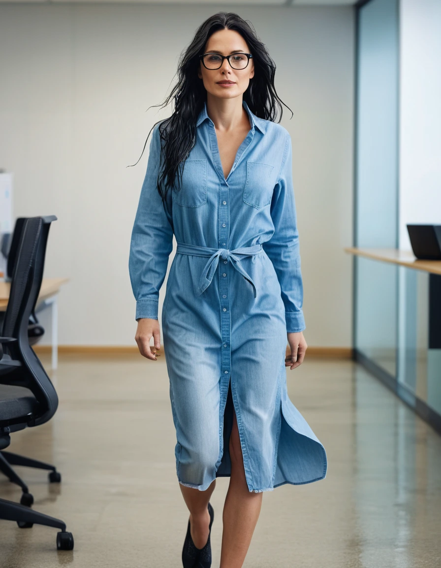 photo of young woman, in soaking wet, drenched clothes,
office shoes , maxi light blue jeans shirt dress, maxi light blue jeans shirt dress, walking IN OFFICE, 
enjoying, wet clothes stuck to body,
detailed textures of the wet clothes, wet face, wet plastered hair,
wet, drenched, professional, high-quality details, full body view.
sharp focus, ultra-high pixel detail, realistic, high-quality, full colors, incredibly detailed, 4k, 8k, 16k, hyper-realistic, RAW photo, masterpiece, ultra-detailed, professionally color graded, professional photograph, woman 51 years old, long black hair, very big and thick lips, office glasses, complete body, open mouth,, dry skin, dry clothes, dry fabric