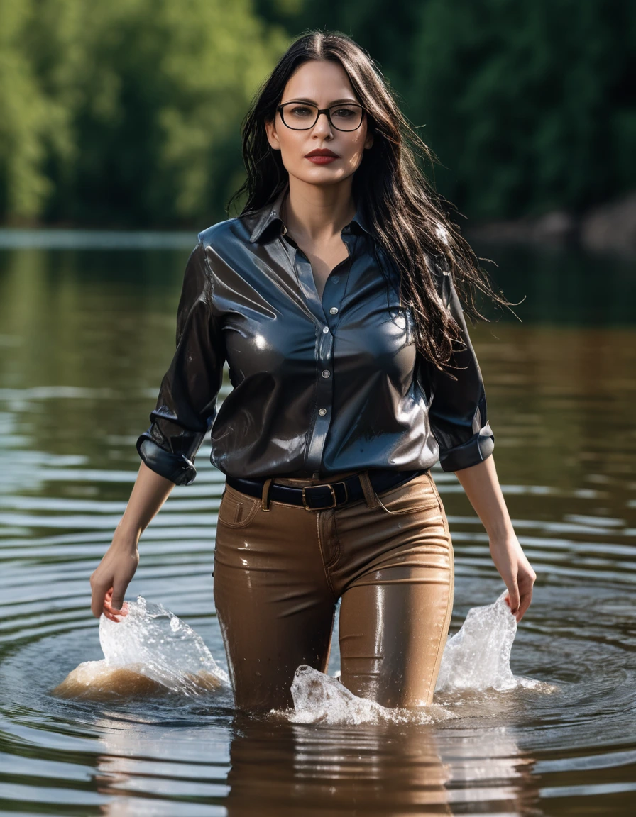 photo of young woman, in soaking wet, drenched clothes,
office shoes , long light brown jeans shinning, with black top, walking submerged in sunny deep lake, 
enjoying, wet clothes stuck to body,
detailed textures of the wet clothes, wet face, wet plastered hair,
wet, drenched, professional, high-quality details, full body view.
sharp focus, ultra-high pixel detail, realistic, high-quality, full colors, incredibly detailed, 4k, 8k, 16k, hyper-realistic, RAW photo, masterpiece, ultra-detailed, professionally color graded, professional photograph, woman 51 years old, long black hair, very big and thick lips, office glasses, complete body, open mouth, dry skin, dry clothes, dry fabric