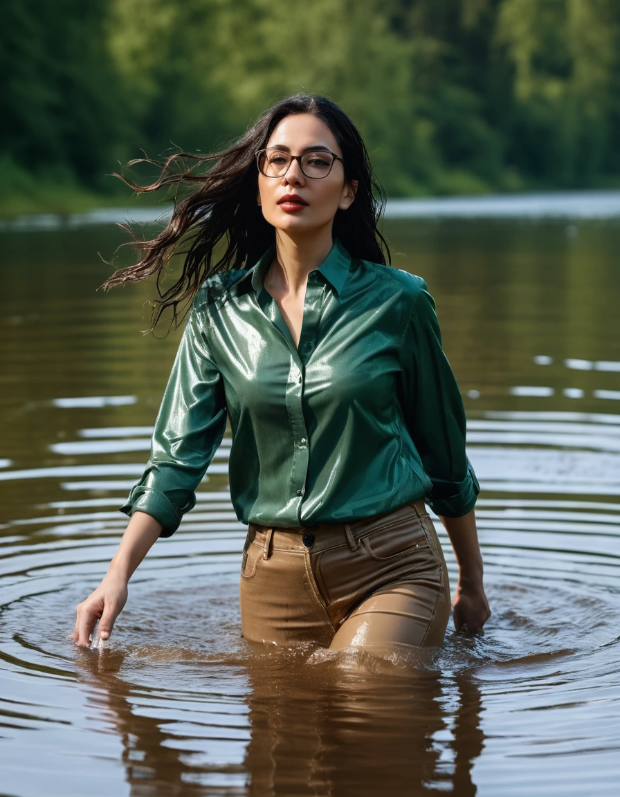 photo of young woman, in soaking wet, drenched clothes,
office shoes , long light brown jeans shinning, dark green silk shirt shinning, walking submerged in sunny deep lake, 
enjoying, wet clothes stuck to body,
detailed textures of the wet clothes, wet face, wet plastered hair,
wet, drenched, professional, high-quality details, full body view.
sharp focus, ultra-high pixel detail, realistic, high-quality, full colors, incredibly detailed, 4k, 8k, 16k, hyper-realistic, RAW photo, masterpiece, ultra-detailed, professionally color graded, professional photograph, woman 51 years old, long black hair, very big and thick lips, office glasses, complete body, open mouth, dry skin, dry clothes, dry fabric, dry skin, dry clothes, dry fabric